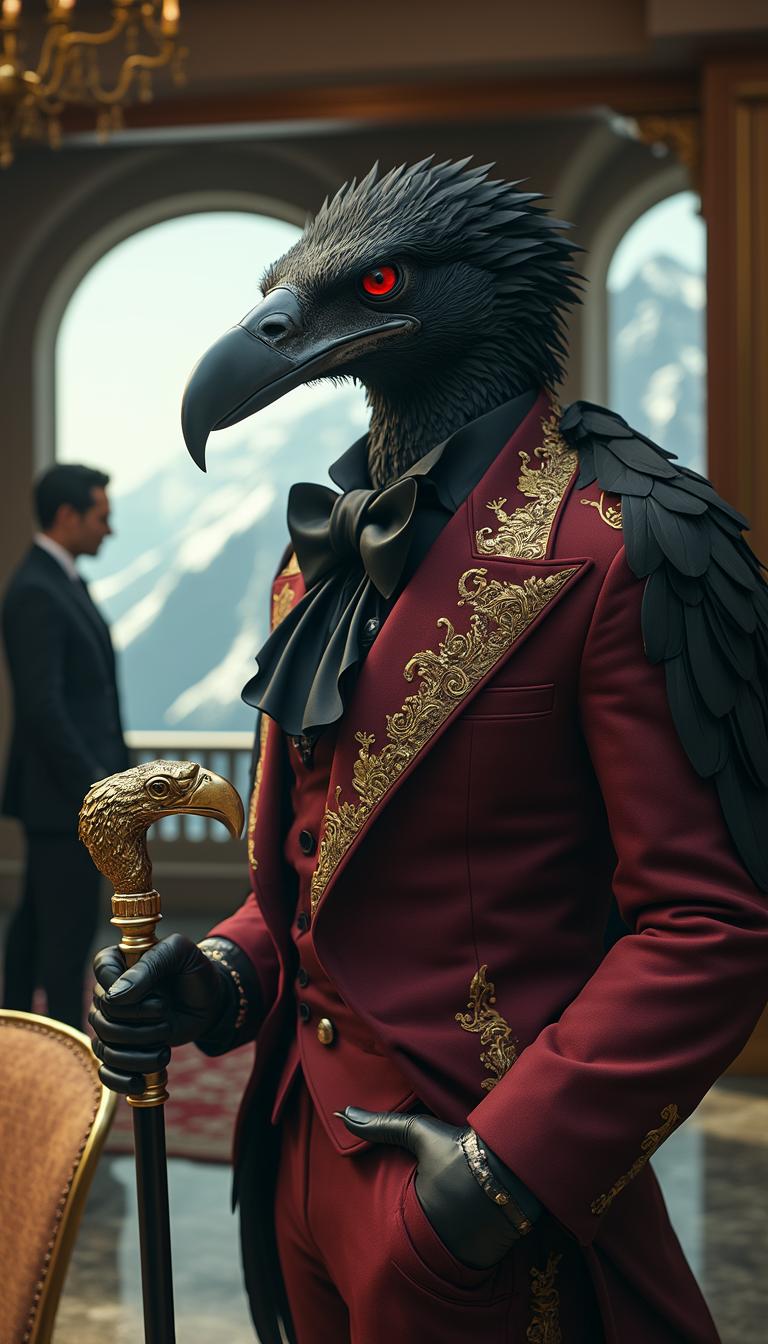 A hyper-realistic, cinematic 8K image of an anthropomorphic Andean condor dressed as a Chilean mafia boss, standing in a luxurious mountaintop estate in Santiago. The condor has dark black feathers, a sharp hooked beak, piercing red eyes, and a deep scar running over his brow, exuding quiet menace. He wears a fitted deep-red suit with intricate gold embroidery, a black silk scarf, and leather gloves. A thick silver ring with an engraved condor head rests on his talons, symbolizing power. He holds a sleek black cane with a gold-plated condor-head handle, radiating authority. His human bodyguard, dressed in a tailored black suit, stands near a marble fireplace. The background features panoramic windows overlooking the Andes mountains, where an elite gathering of crime lords enjoys expensive Chilean wine. The condor’s expression is ruthless and calculating, embodying Chilean control and secrecy. Highly detailed, ultra-realistic textures, sharp focus, and a dramatic perspective.