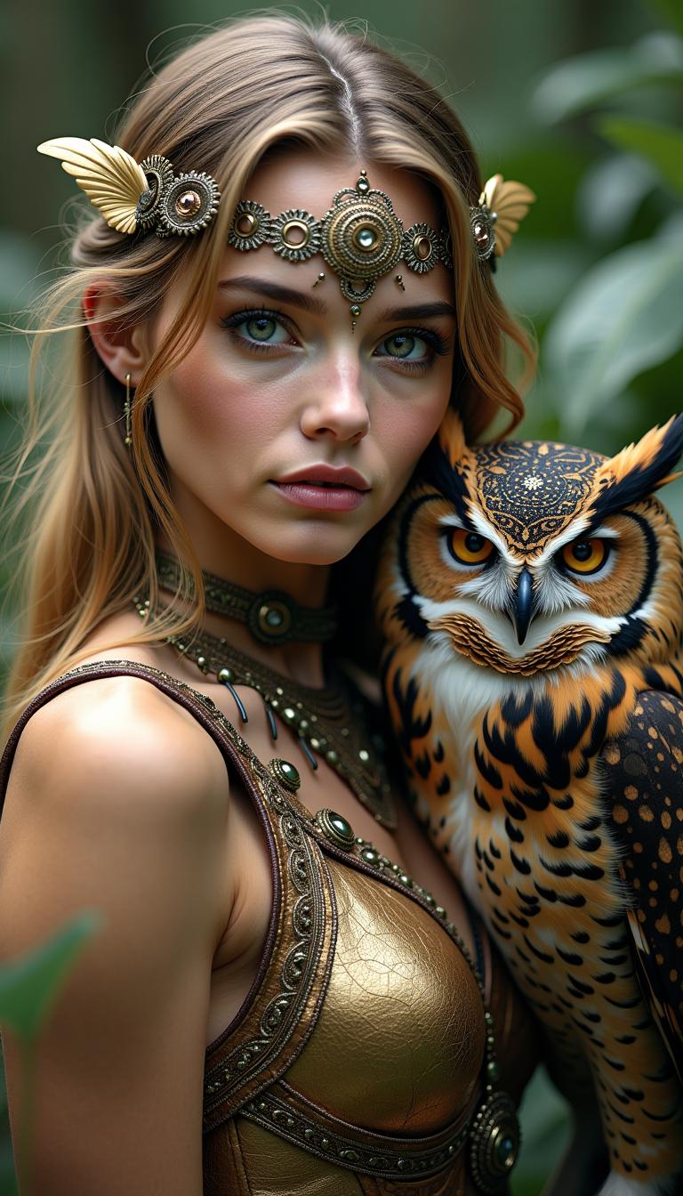 A beautiful woman with little metal clothes. On his shoulder rests a beautiful and imposing owl. The woman's face is decorated with mandala-style ornaments. The image takes place in a wild and magical environment . 8K Resolution