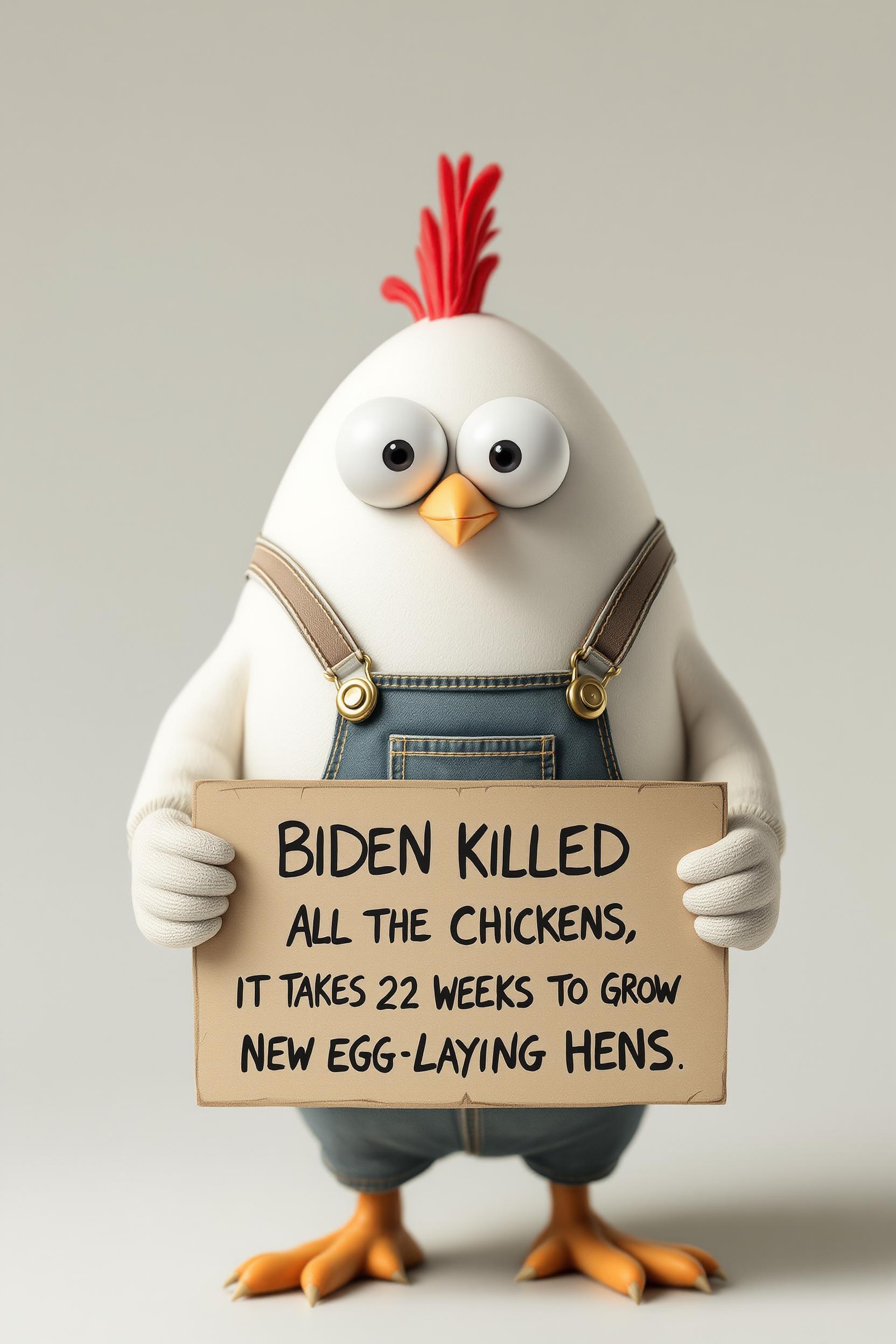 Create an image of an white smooth egg wearing coveralls big eyes with a sign that reads "BIDEN KILLED ALL THE CHICKENS, IT TAKES 22 WEEKS TO GROW NEW EGG LAYING HENS"