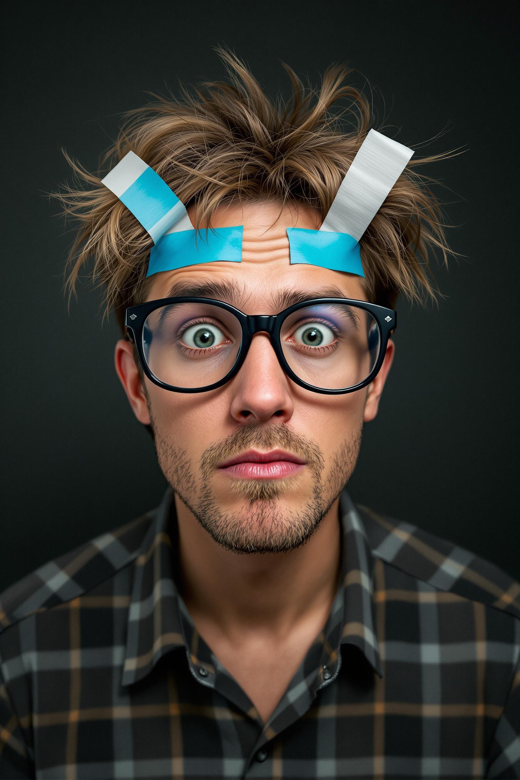 Create an image 9d someone who looks stupid, big glasses with tape, goofy hair, retarded