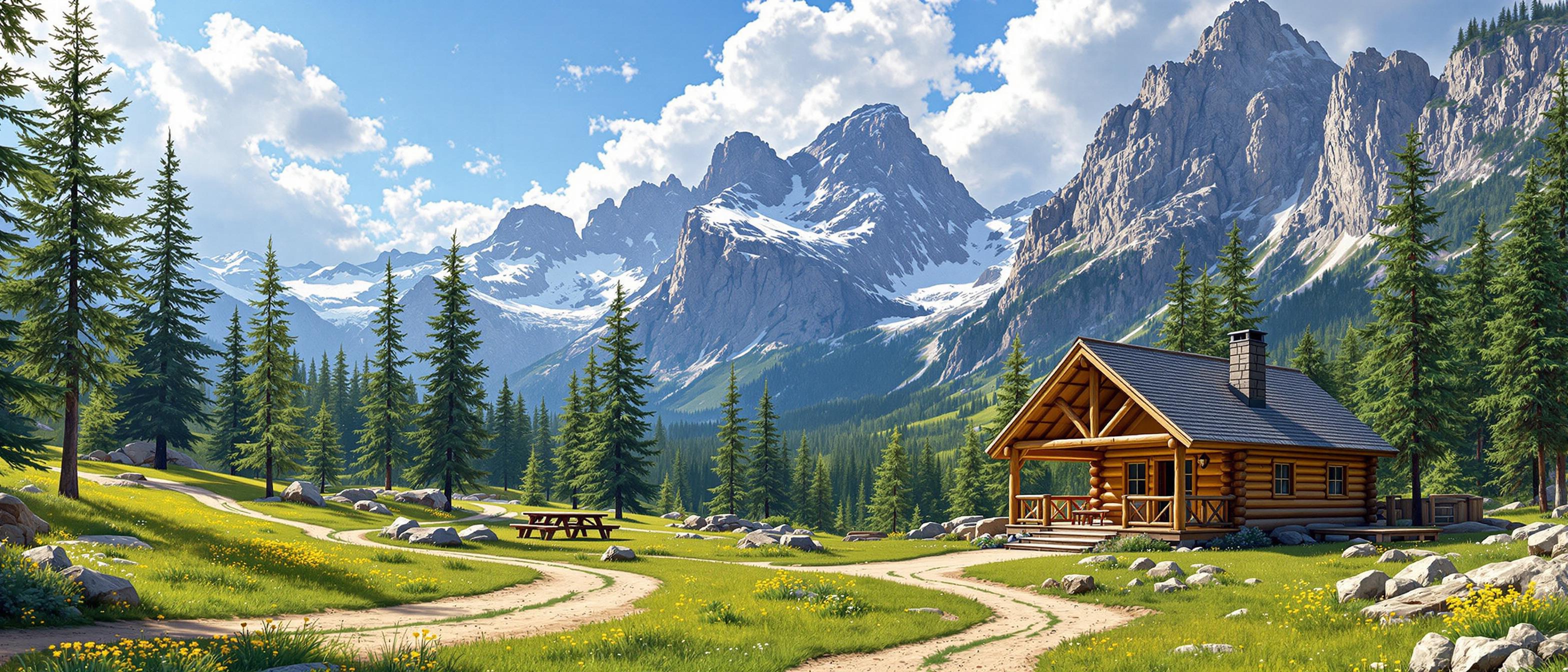 This image captures a serene and picturesque scene of a secluded log cabin nestled in a verdant valley surrounded by towering mountains. The cabin, with its rustic charm, is constructed from natural logs and features a steeply pitched gable roof with a chimney. The log cabin has a welcoming porch with wooden railings and a swing, suggesting a cozy retreat. A picnic table and benches are placed on the porch, inviting outdoor gatherings and relaxation.The foreground of the image is dominated by a wellworn dirt path that snakes through the grassy valley, leading towards the cabin. The path is lined with patches of green grass and small yellow wildflowers, and its marked by the tire tracks of vehicles, indicating recent visitors.The valley is embraced by a lush forest of coniferous trees, with the trunks rising straight and tall, their green needles swaying gently in the breeze. The trees create a natural corridor that frames the cabin and the mountain backdrop, adding depth and a sense of enclosure to the scene.In the midground, the valley floor is a tapestry of greenery, with grasses and shrubs interspersed with rocks and boulders, hinting at the untamed beauty of the natural landscape. The sunlight filters through the canopy of the trees, casting dappled shadows on the ground and creating a play of light and shadow that adds to the tranquility of the scene.The mountains in the background are majestic and imposing, with rugged peaks and steep cliffs. The mountain faces are a mix of rocky outcrops and patches of snow, indicating a high altitude and possibly a season with snow, such as late spring or early autumn. The mountains are bathed in sunlight, with the light reflecting off the snow and highlighting the textures and contours of the rock faces.The sky above is a brilliant blue, dotted with wispy, fluffy white clouds that float effortlessly, adding to the sense of peace and serenity. The clouds are illuminated by the sunlight, which filters through the gaps in the tree canopy, casting a warm glow on the scene.The overall art style of the image is realistic, capturing the natural beauty and textures of the landscape with great detail and clarity. The medium appears to be a highresolution photograph, likely taken during the daytime, given the bright lighting and shadows. The colors are vibrant and harmonious, with a palette dominated by greens, browns, and blues, creating a sense of tranquility and harmony with nature.