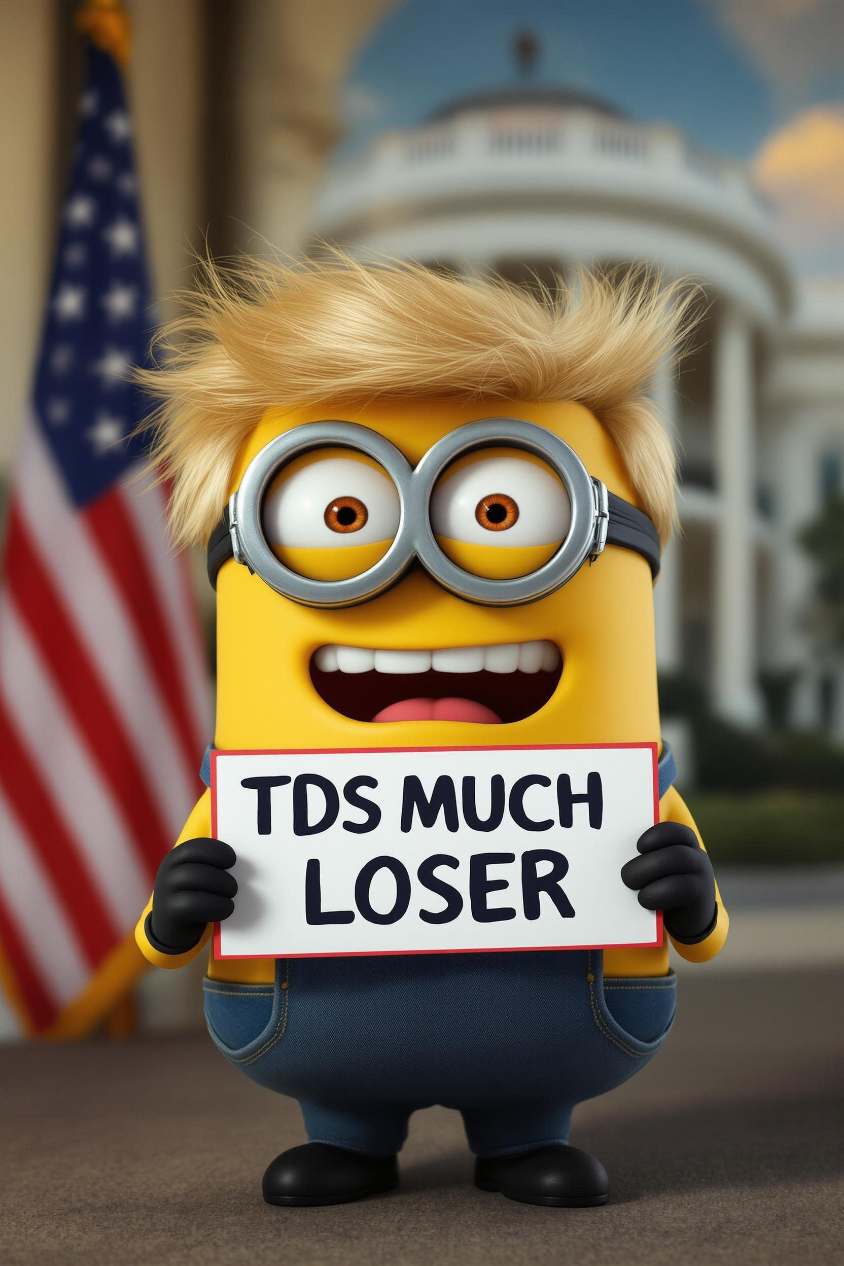 Create a minion with a Donald Trump hair style,  sticking his tiybge out laughing and holding a sign that reads "TDS MUCH LOSER" background US government WhiteHouse 