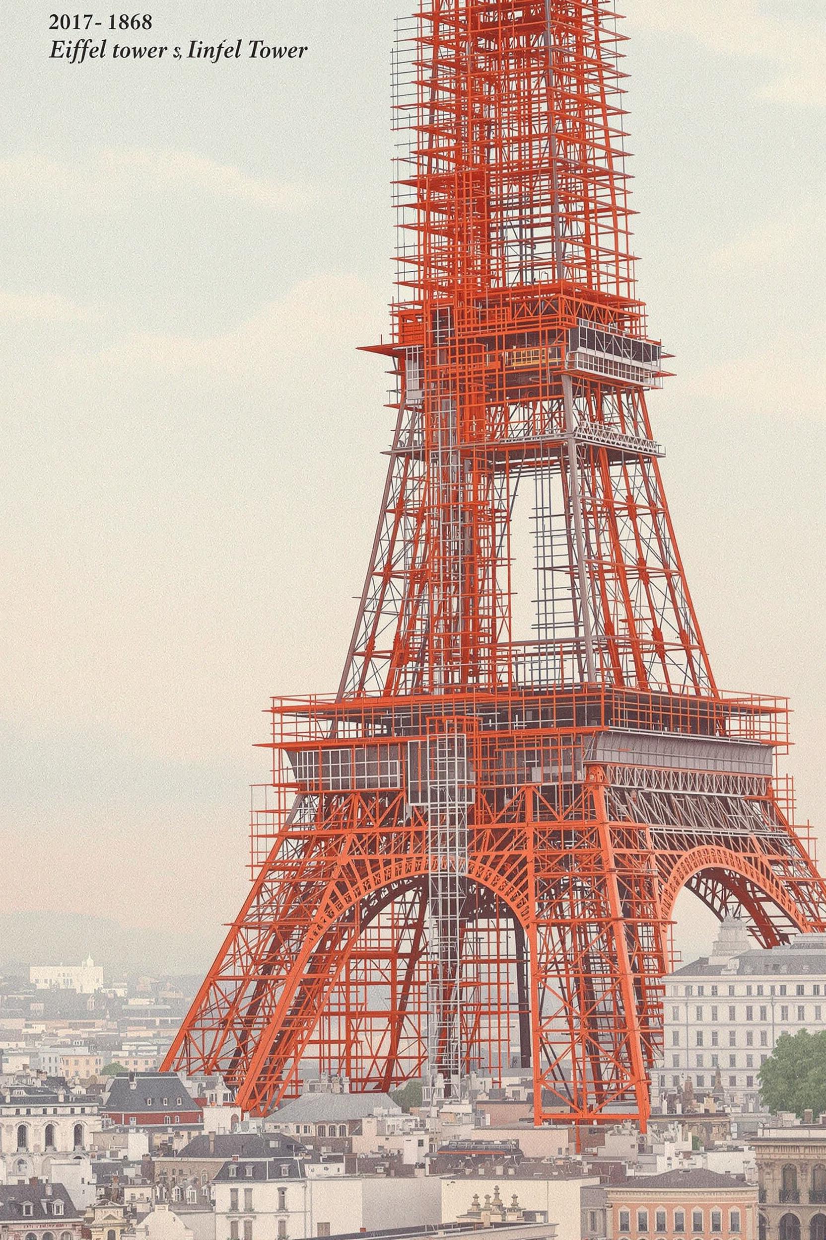 Eiffel tower under construction.
Create an image of the Eiffel Tower in 1887, under construction with its original red color, which it kept until 1906. Show the tower partially built, with scaffolding, and the red paint clearly visible against the Paris skyline.
