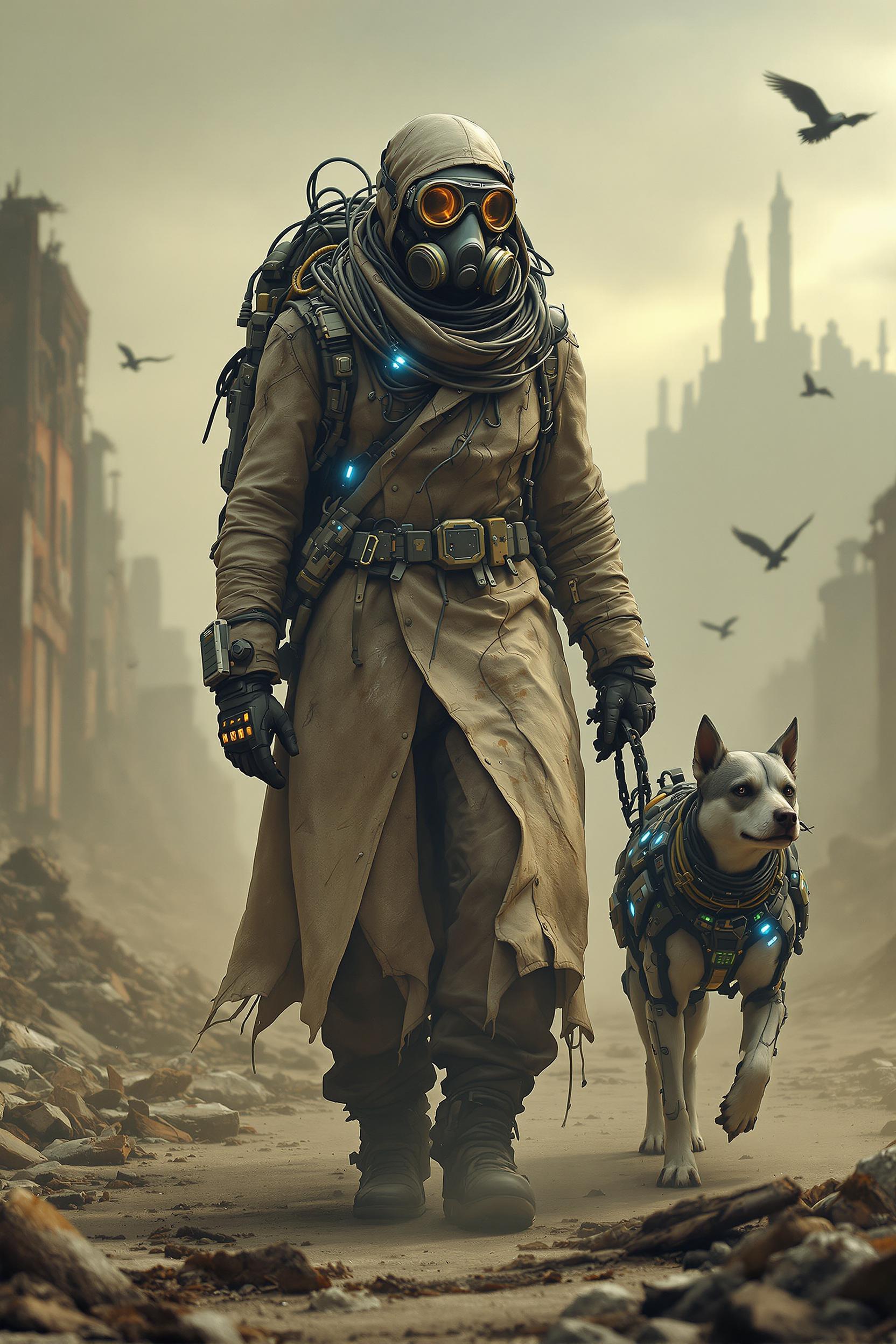 Post-apocalyptic wanderer in a long, worn, dirty, light coat, gas mask with goggles with a backpack full of cables and glowing diodes, leads a cybernetic dog on a chain. The environment is the ruins of a city with collapsed buildings, rusty structures and vultures against the background of a dusty sky. The wanderer has combat equipment, gloves and wires around his neck, and the dog wears armor with electronics. ultra-detailed ultra-photographic image oil paints hd and 8k.