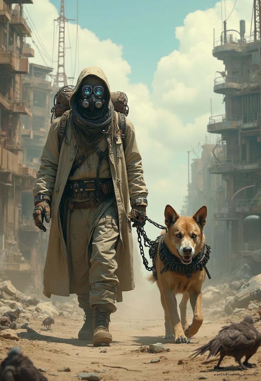 Post-apocalyptic wanderer in a long, worn, dirty, light coat, gas mask with goggles with a backpack full of cables and glowing diodes, leads a cybernetic dog on a chain. The environment is the ruins of a city with collapsed buildings, rusty structures and vultures against the background of a dusty sky. The wanderer has combat equipment, gloves and wires around his neck, and the dog wears armor with electronics. ultra-detailed ultra-photographic image oil paints hd and 8k.
