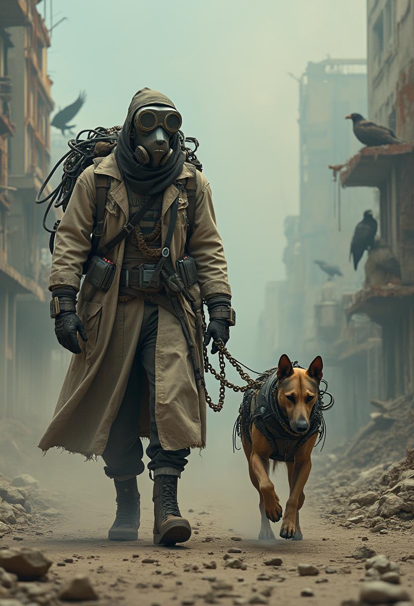 Post-apocalyptic wanderer in a long, worn, dirty, light coat, gas mask with goggles with a backpack full of cables and glowing diodes, leads a cybernetic dog on a chain. The environment is the ruins of a city with collapsed buildings, rusty structures and vultures against the background of a dusty sky. The wanderer has combat equipment, gloves and wires around his neck, and the dog wears armor with electronics. ultra-detailed ultra-photographic image oil paints hd and 8k.