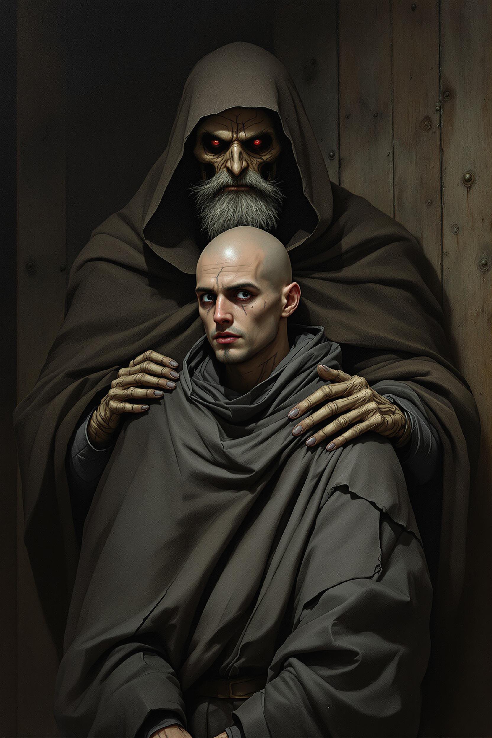 Dark scene of a young bald European monk - about 21 years old, dressed in a large torn, gray tunic with many folds, especially around the neck. He has a small figure, large frightened eyes. Behind him stands a tall, thin, old monk, with a bony tattooed face and beard, wrapped in a hooded robe. His bony hand rests on the boy's shoulder. Passionate gaze with a stern expression on the bony face. Wooden and metal door in the background. Oil painting.Ultra-detaild