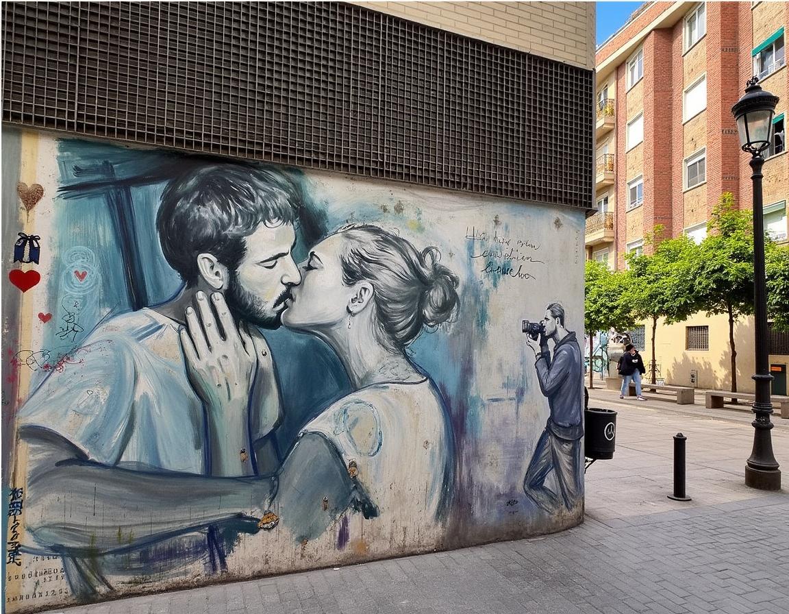 urban city photography of a wall with graffiti illustration showing a couple kissing each other while be photographed by paparazzi, street view,  photorealistic, high resolution, 8k, Canon EOS 1D Mark III, 36mm, sharp focus