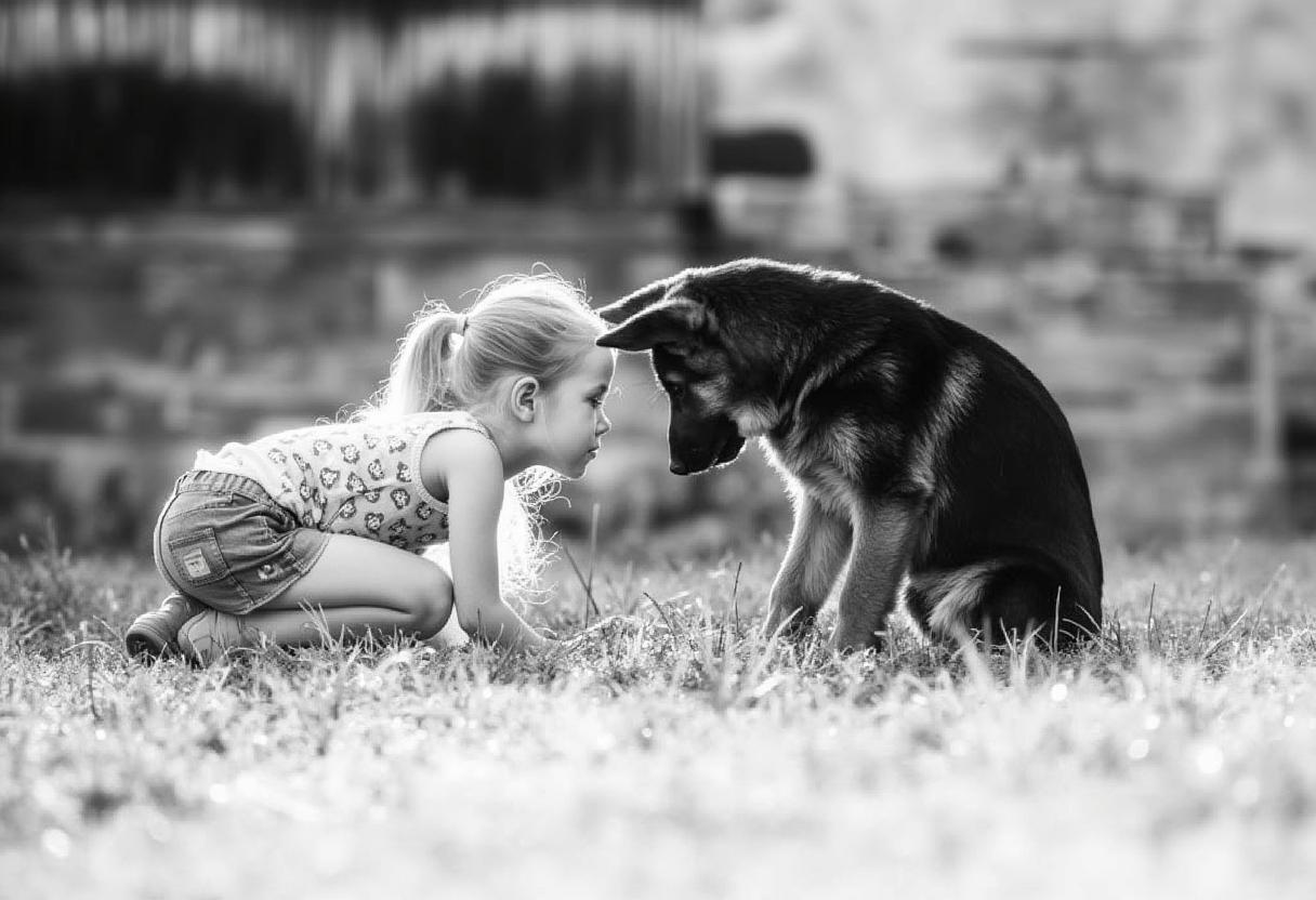 real snapshot in ball and white (B&W photography) of a young girl kneeling on the grass while facing a cute young German Shepherd. photorealistic, high resolution, 8k, Canon EOS 1D Mark III, tele zoom, focus on girl and dog, selective focus, bokeh
