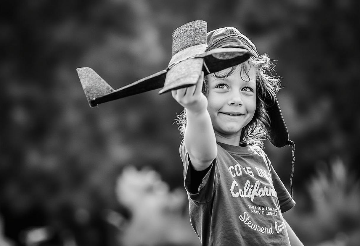 real snapshot in black and white (B&W photography) of a 6 year old boy with half long messy hair, smiling and wearing a cap and california t-shirt. In his right hand the boy is holding a self made airplane from woodcut and simulate flying the plane. photorealistic summer spirit, high resolution, 8k, Canon EOS 1D Mark III, tele zoom, selective focus, bokeh