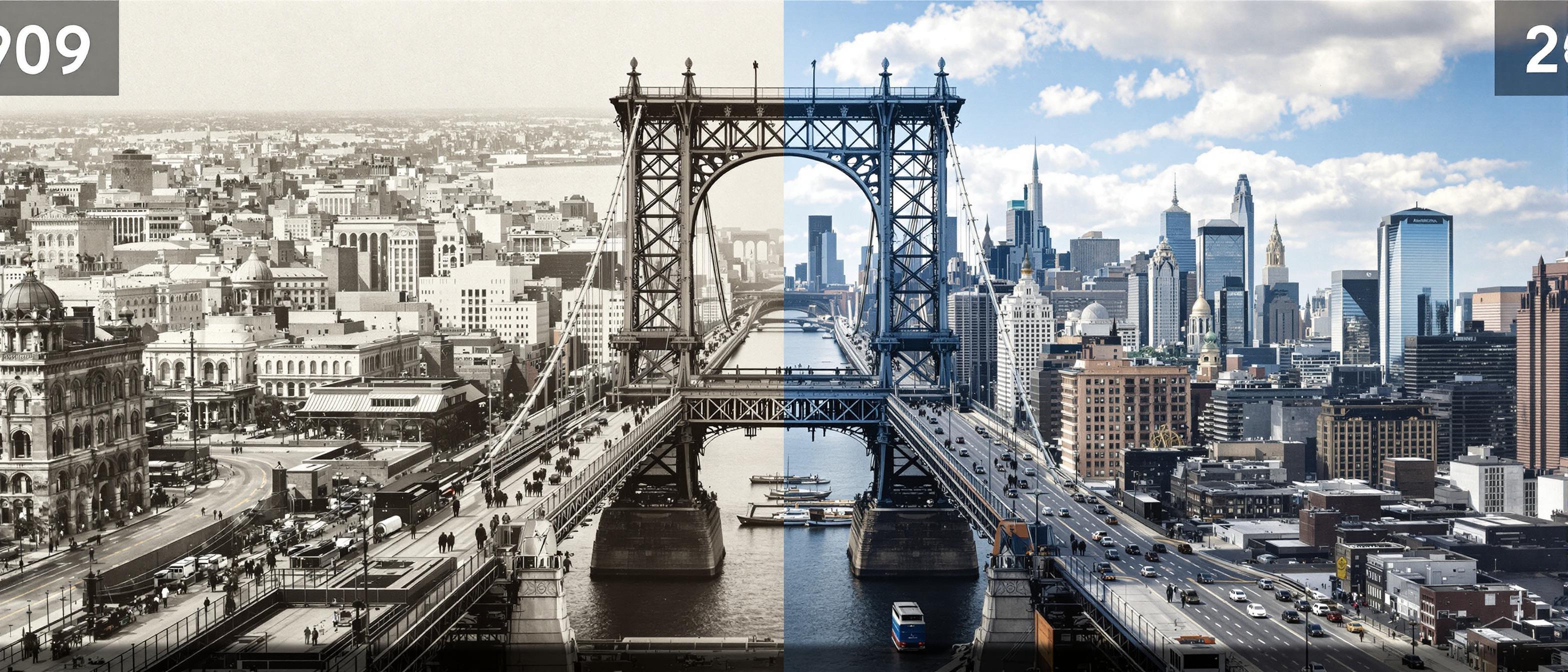  Queensboro Bridge, New York.
A split-frame image of the 59th Street Queensboro Bridge in New York City, with the left side showing the year 1909 in sepia tones, featuring early 20th-century architecture, horse-drawn carriages, and simpler buildings. The right side depicts the year 2022 in full color, showcasing the modern NYC skyline with towering skyscrapers, bustling traffic, and advanced architecture. The iconic bridge stands central in both time periods, emphasizing the transformation of the city from past to present.