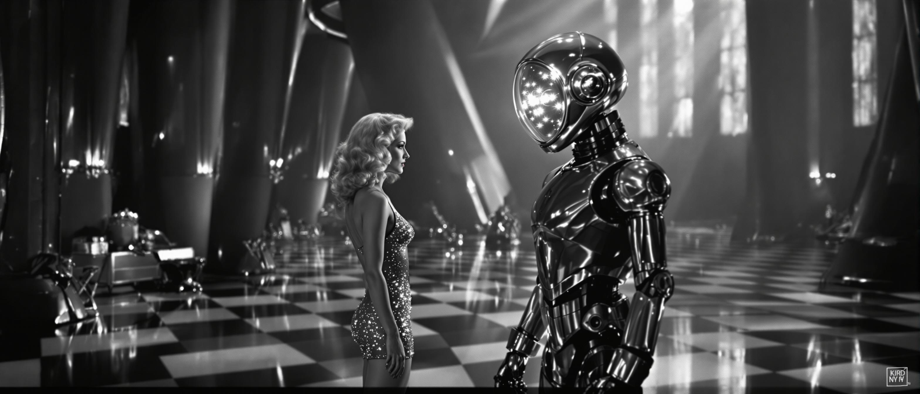 In this still frame from a 1950's science fiction movie, a beautiful blonde actress with wavy hair styled in a glamorous 1950s fashion, wearing a very short, shimmering metal mesh dress with a plunging neckline that sparkles under the lights, is positioned at the center of the frame. She is seen talking to a large humanoid robot with a glass dome for a head. Inside the dome, twinkling lights flicker, giving the robot an almost sentient presence. The robot, made of shiny metal, has articulated arms and legs, and stands facing the actress. 

The scene is set inside an alien laboratory, depicted with grandiose, futuristic architecture. Large vertical structures traverse the space, casting elongated shadows on the black and white checkerboard floor that is highly reflective, creating an almost surreal visual effect. The lighting is dramatic, with high contrast typical of the black and white film era, highlighting the reflective surfaces and the intricate details of the laboratory equipment scattered around. The overall mood is tense and mysterious, capturing the essence of classic science fiction, with an air of suspense and otherworldly intrigue.