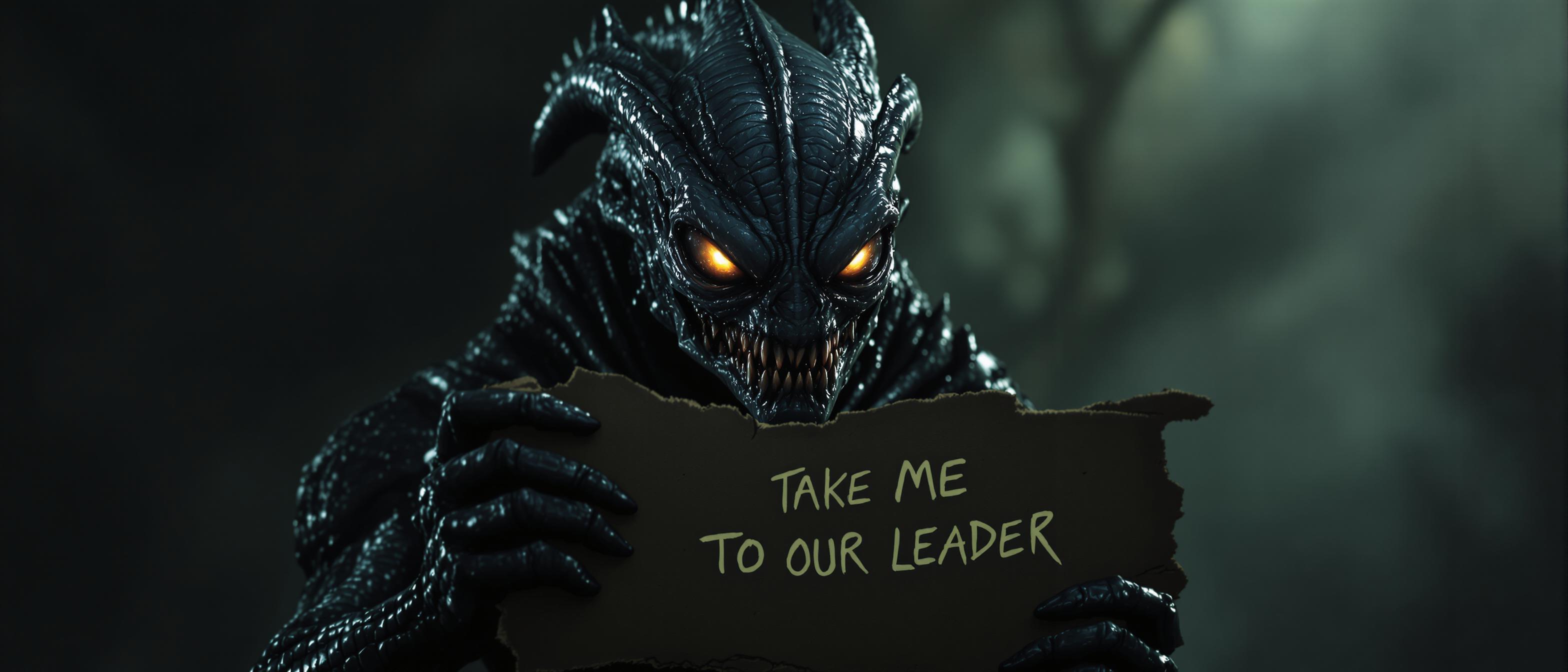 "Create a hyper-realistic image of a menacing reptilian alien with dark, textured scales and glowing, intense eyes. The alien should have a predatory, threatening stance and be holding a tattered sign that reads, 'Take me to your leader.' The atmosphere should be ominous and unsettling, with harsh lighting casting eerie shadows on the alien's fearsome features."