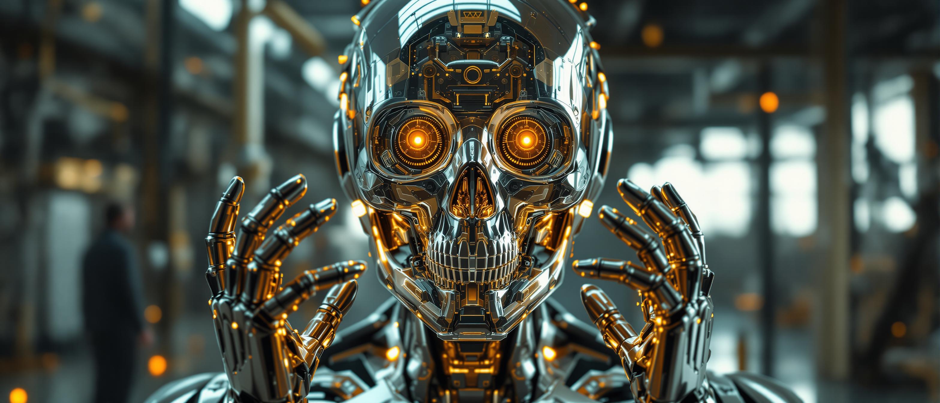 Futuristic cybernetic humanoid with a transparent glass skull surro looking at viewer, facing camera,  a shiny mechanical exoskeleton. The interior is filled with golden, precision gears and circuits, gleaming under warm lighting. Metallic hands reflect the surroundings, emphasizing the hyperrealistic shine. The industrial background in diffused light gives the scene a futuristic, almost surreal feel.image ultra detail ultra photographic 8k full hd. mystical.