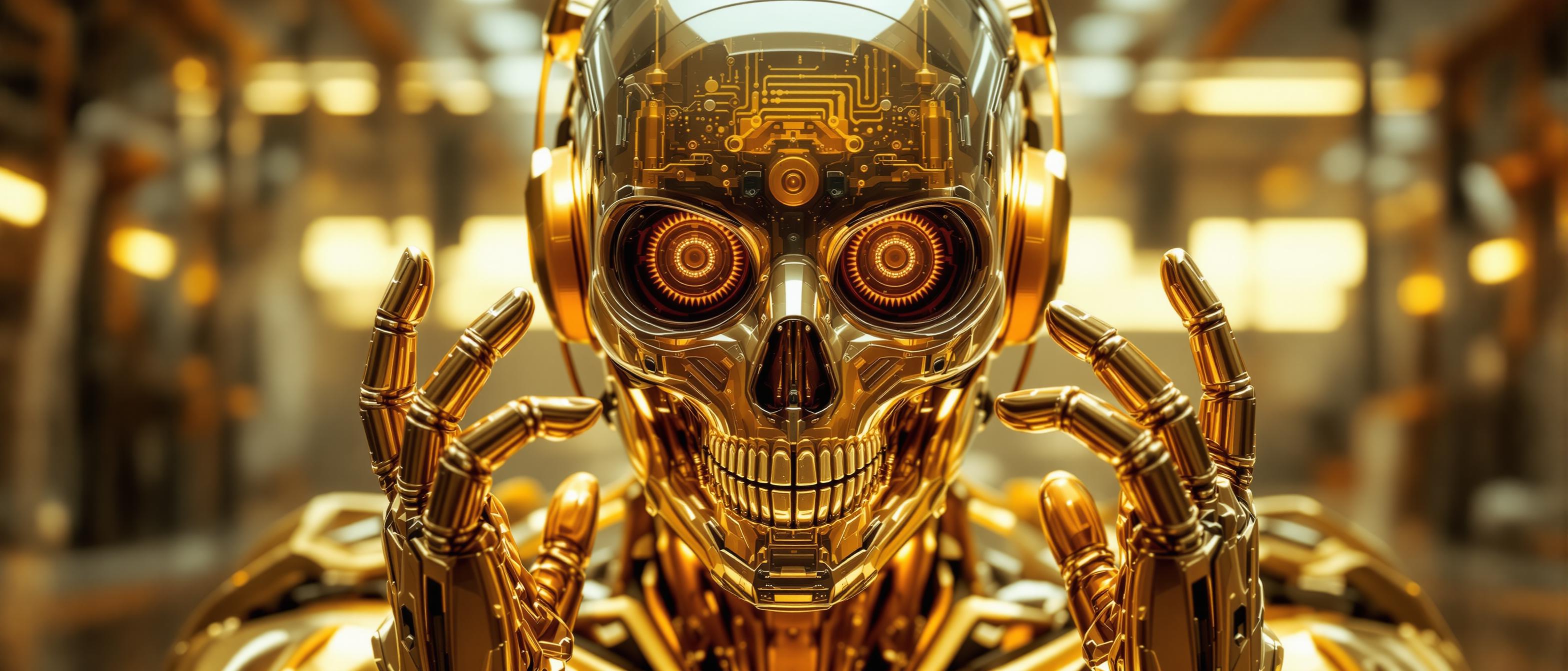 Futuristic cybernetic humanoid with a transparent glass skull surro looking at viewer, facing camera,  a shiny mechanical exoskeleton. The interior is filled with golden, precision gears and circuits, gleaming under warm lighting. Metallic hands reflect the surroundings, emphasizing the hyperrealistic shine. The industrial background in diffused light gives the scene a futuristic, almost surreal feel.image ultra detail ultra photographic 8k full hd. mystical.