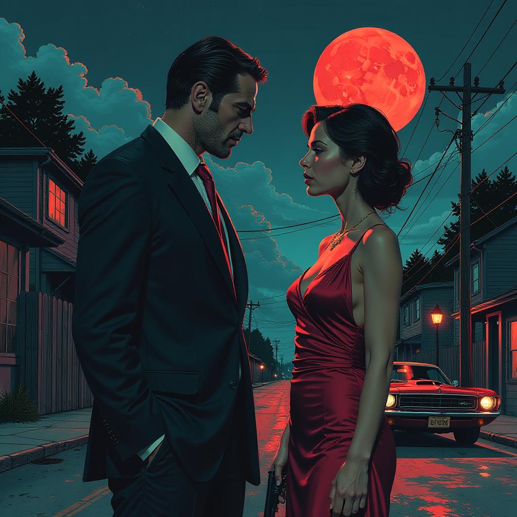 Retro game style, two figures, a man in a suit, holding a gun, talking to a woman in an silk evening dress, upper body, true detective, detailed character, nigh sky, crimson moon silhouette, american muscle car parked on dark street in background, complex background in style of Bill Sienkiewicz and Dave McKean and Carne Griffiths, extremely detailed, mysterious, grim, provocative, thrilling, dynamic, action-packed, fallout style, vintage, game theme, masterpiece, high contrast, stark. vivid colors, 16-bit, pixelated, textured, distressed