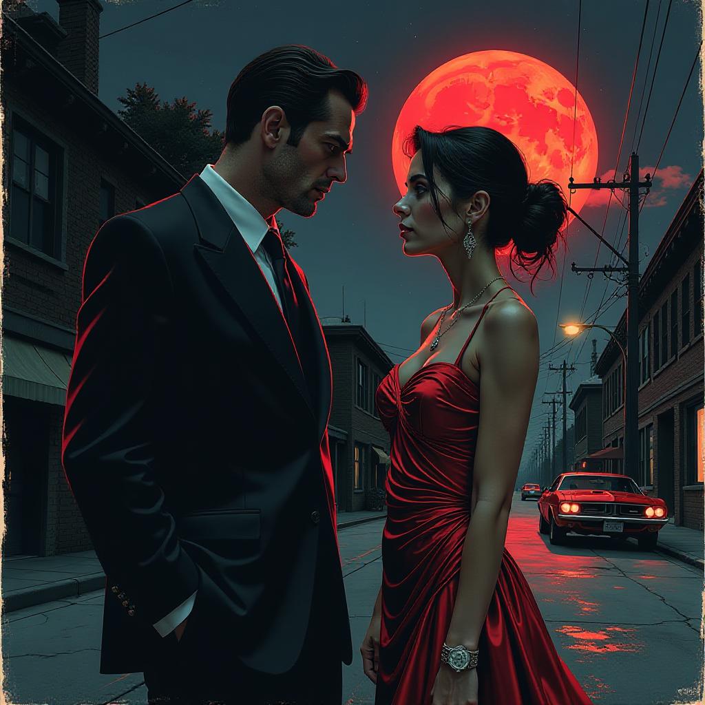 Retro game style, two figures, a man in a suit, talking to a woman in an silk evening dress, holding a gun, upper body, true detective, detailed character, nigh sky, crimson moon silhouette, american muscle car parked on dark street in background, complex background in style of Bill Sienkiewicz and Dave McKean and Carne Griffiths, extremely detailed, mysterious, grim, provocative, thrilling, dynamic, action-packed, fallout style, vintage, game theme, masterpiece, high contrast, stark. vivid colors, 16-bit, pixelated, textured, distressed
