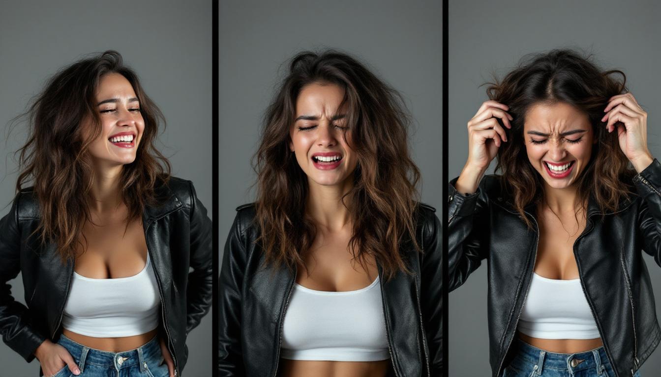 Split screen in three parts of the SAME female model with SAME clothes which is a short leather jacket, white belly free top, distracted Denim jeans and sneakers.
Left screen: model is happy and laughing.
Middle screen: model is very sad with tears in her eyes.
Right screen: model with very angry face expression tearing her hair out.
Studio ambience with clean background, professional lightning, professional photographs with Canon EOS 1D Mark III