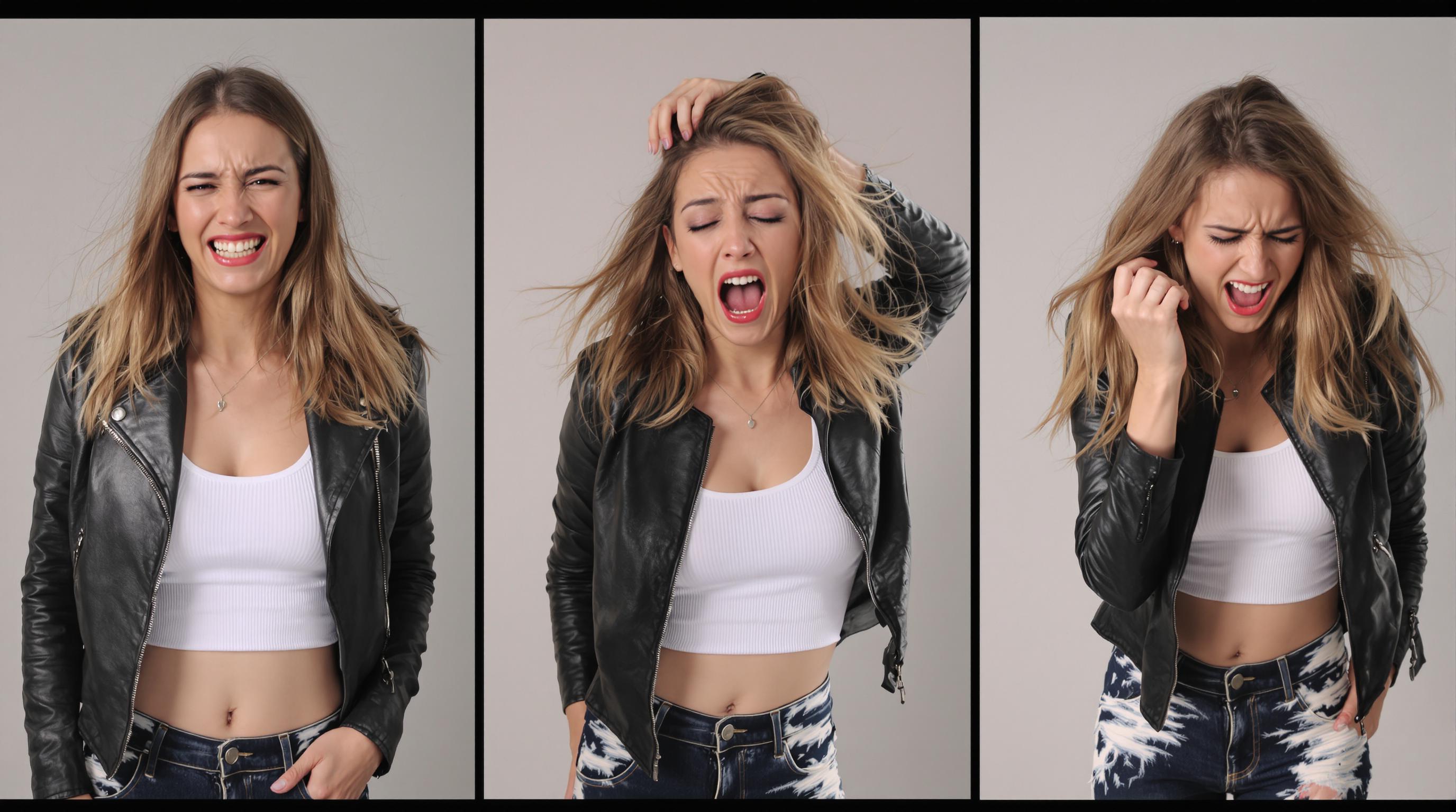Split screen in three parts of the SAME female model with SAME clothes which is a short leather jacket, white belly free top, distracted Denim jeans and sneakers.
Left screen: model is happy and laughing.
Middle screen: model is very sad with tears in her eyes.
Right screen: model with very angry face expression tearing her hair out.
Studio ambience with clean background, professional lightning, professional photographs with Canon EOS 1D Mark III