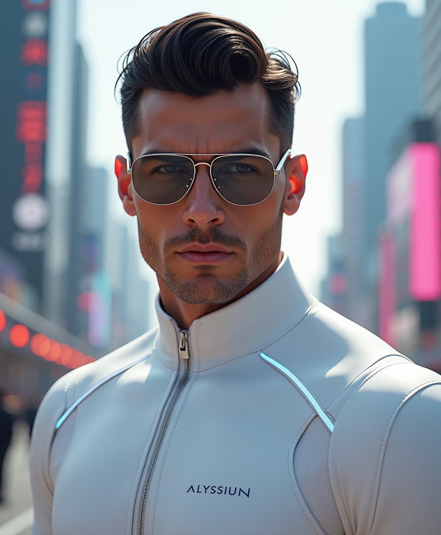 A hyper-detailed, photorealistic render of a futuristic man with intense black eyes and sleek, black hair, quiff hairstyle. His facial features are sharp and chiseled, embodying the elegance of a handsome Italian man—strong jawline, high cheekbones, and a confident yet refined expression. Wearing sleek, modern glasses with a translucent metallic finish. His pristine white, form-fitting suit, adorned with the ALYSSIUN logo, features glowing accents and subtle tech-inspired seams. The scene is bathed in cinematic, sunlit lighting, casting dynamic shadows and highlights that emphasize his elegant features and the sleek textures of his attire. He stands confidently against a high-tech cityscape of neon-lit skyscrapers, holographic advertisements, and levitating transports. The camera starts with a close-up, capturing his intense yet calm expression, then slowly pulls back, revealing more of the futuristic skyline as a subtle breeze moves through the scene. The lighting shifts dynamically, casting cinematic highlights on his face, emphasizing his advanced aesthetic. A soft glow pulses from his suit, subtly illuminating the surrounding atmosphere, creating a seamless blend of realism and sci-fi elegance.