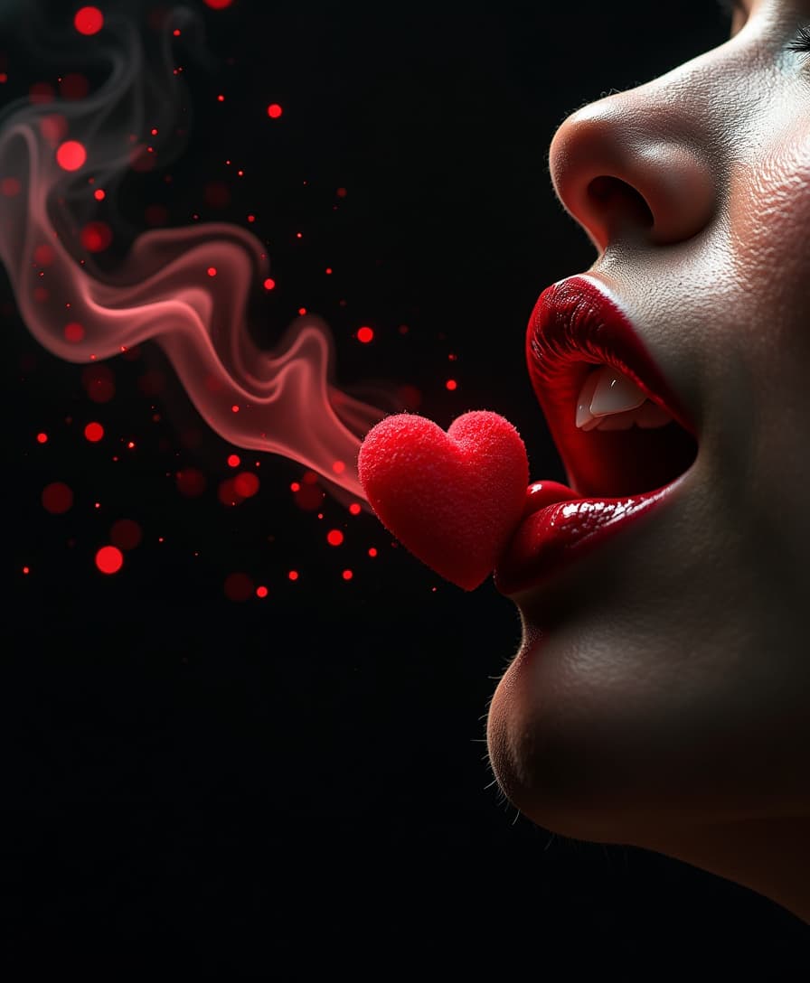 a female mouth with intense red lipstick, releasing a heart of soft smoke. The dramatic lighting highlights the mouth and the smoke heart. The minimalist black background emphasizes the subject. inspired by Dali surrealistic painting method splashes  of red tiny hearts is contrasting the black background sparkling wimpsically 