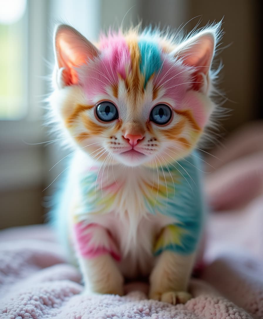 A multicolored kitten with fur in shades of pink, blue, yellow, and green. The kitten has large, round, and expressive blue eyes. An indoor setting where light filters in on a soft, textured surface, perhaps a blanket or a rug.