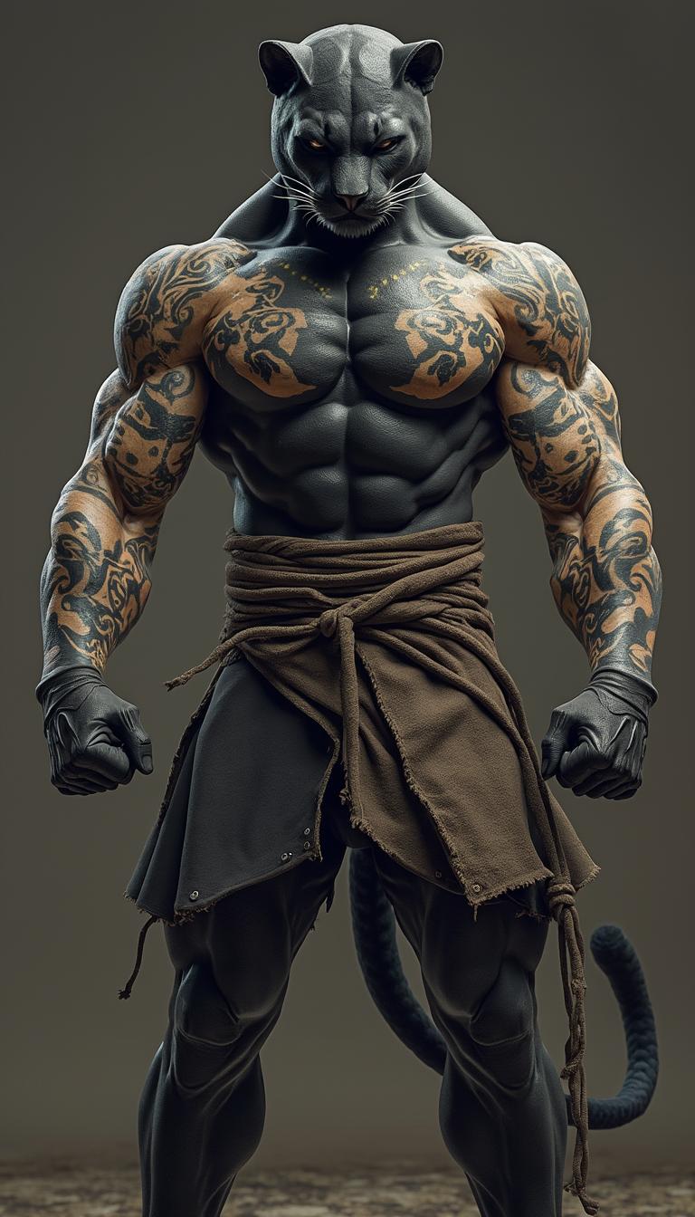 Create a hyper-realistic image with extreme detail featuring a full bodymuscular humanoid panther as a ninja. The panther should be fully visible in a full-body view, standing powerfully. His muscular physique should be covered with intricate tattoos on his arms and chest, emphasizing his strength and toughness —should be rendered with ultra-realistic precision, creating a dynamic and lifelike scene.
