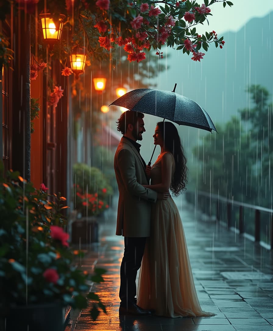 Create a hyper-realistic, cinematic realistic photo  indoor evening scene set in a romantic and dark ambiance. A cinematic and romantic scene of a couple under an umbrella in the rain walk ,clear set on a charming street with a mountainous backdrop. The handsome model like  man and woman are depicted with bold The focus is on a beautiful lady with a curvy bold figure and white skin, wearing an elegant salwar suit or saree. She has heavy, curly hair cascading down, and her cleavage is subtly visible, adding to her allure, realistic features, dressed stylishly and gazing lovingly at each other. The woman’s hair and the man’s coat sway gently in the wind. Surrounding them are lush green trees adorned with vibrant flowers, adding a touch of color to the otherwise rainy atmosphere. The scene is lit dramatically, capturing the glistening raindrops and the intimate connection between the couple, evoking a tender, romantic mood.