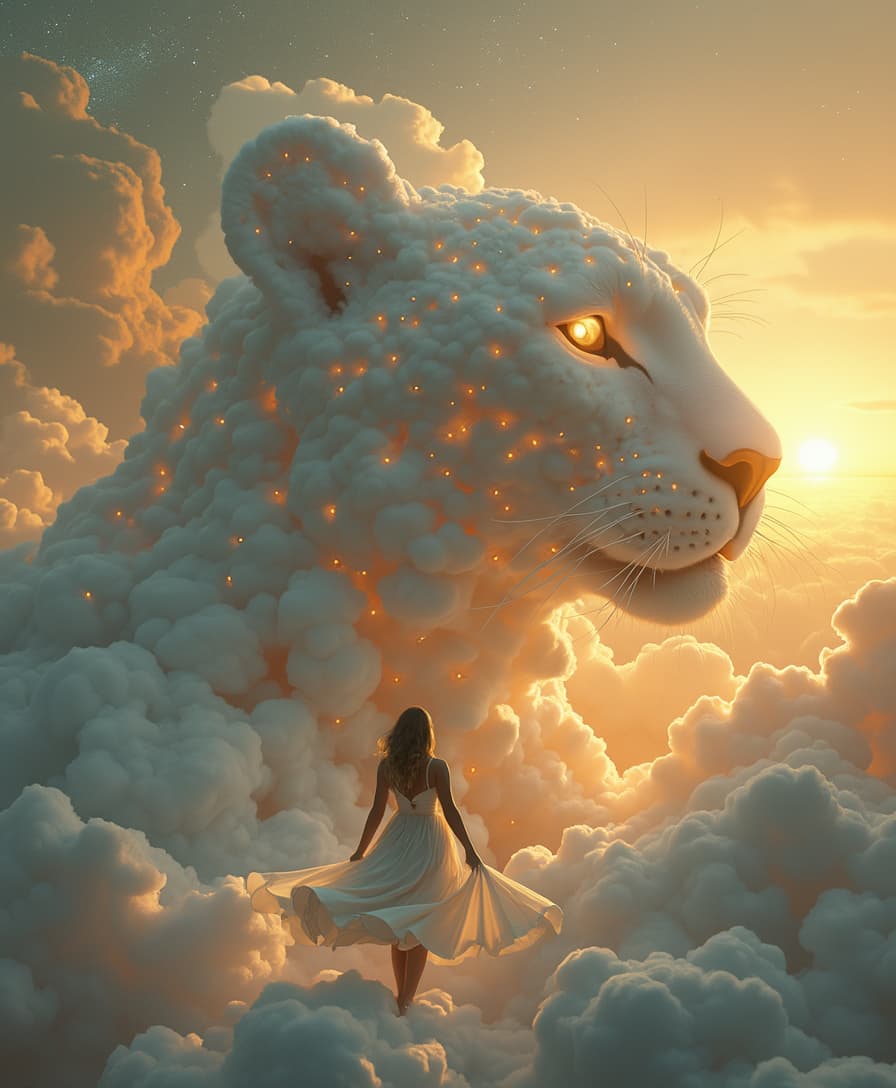 A surreal and ethereal scene featuring a massive leopard entirely formed from hyper-realistic, soft, and fluffy clouds, its features masterfully sculpted from billowing, dense cloud formations. The leopard's body blends seamlessly into the glowing, golden sunset sky, with every spot and contour appearing as part of the natural movement of the clouds. Its eyes glow faintly, giving it a mystical, divine presence. Below, a woman stands gracefully on a bed of equally realistic and voluminous clouds, her flowing white dress and golden accents rippling softly in the breeze. The background is a celestial masterpiece, with layers of richly textured, glowing clouds illuminated by the warm rays of a setting sun, interspersed with sparkling stars. The entire scene exudes a magical, otherworldly serenity, emphasizing the harmonious connection between the woman and the magnificent, cloud-formed leopard