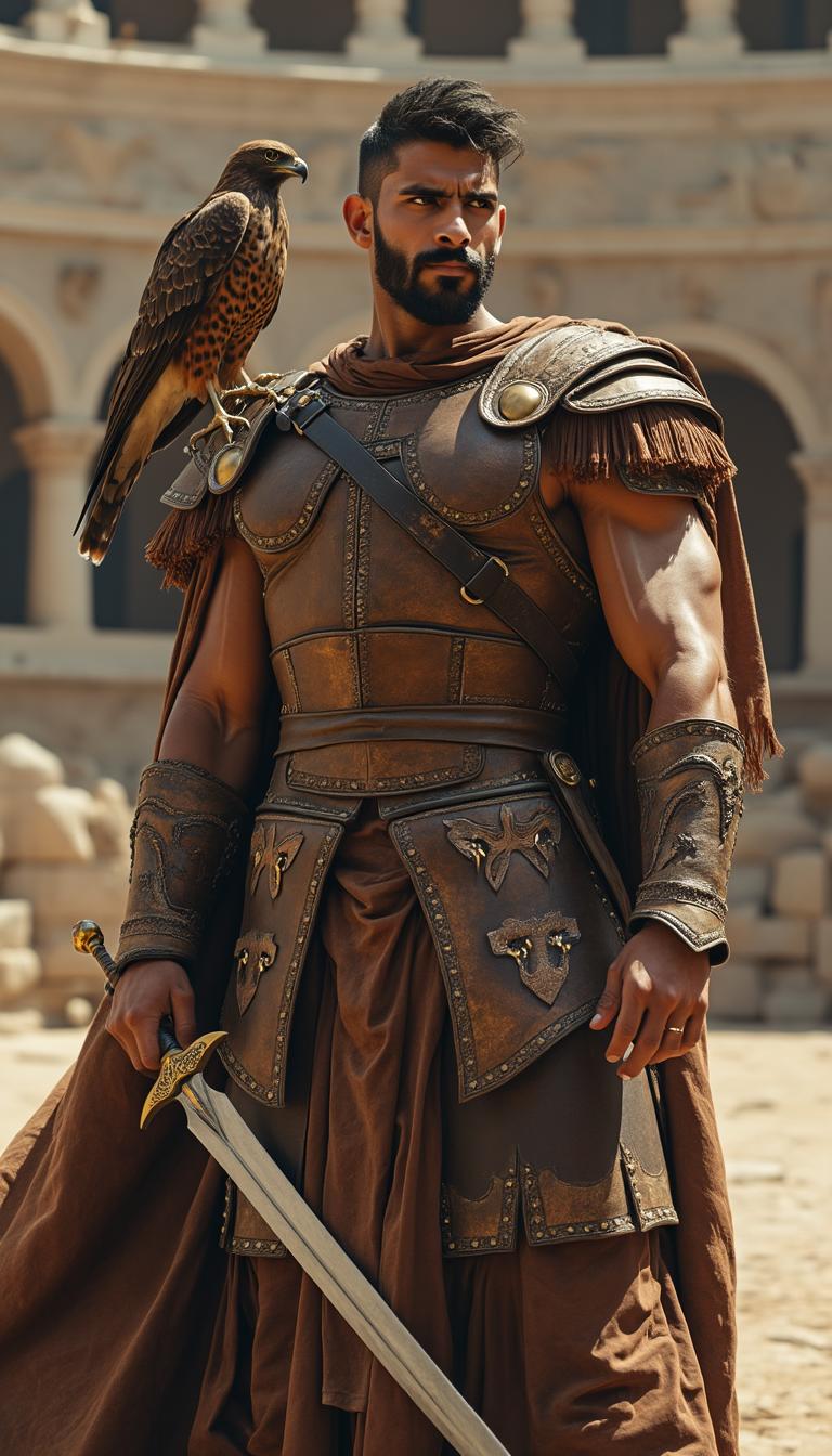 Wide angle full body shot of a young, muscular, Middle Eastern warrior male around 18 years old in a richly detailed  leather armor. His well trimmed dark beard gives of a royal lineage. A hawk is perched on his well muscles forearm. His golden eyes hold a piercing gaze fixed ahead, exuding a wise resolve, as he hold a scimitar in his strong hand, hinting at his readiness for battle. He is standing in the middle of a coliseum like a gladiator.