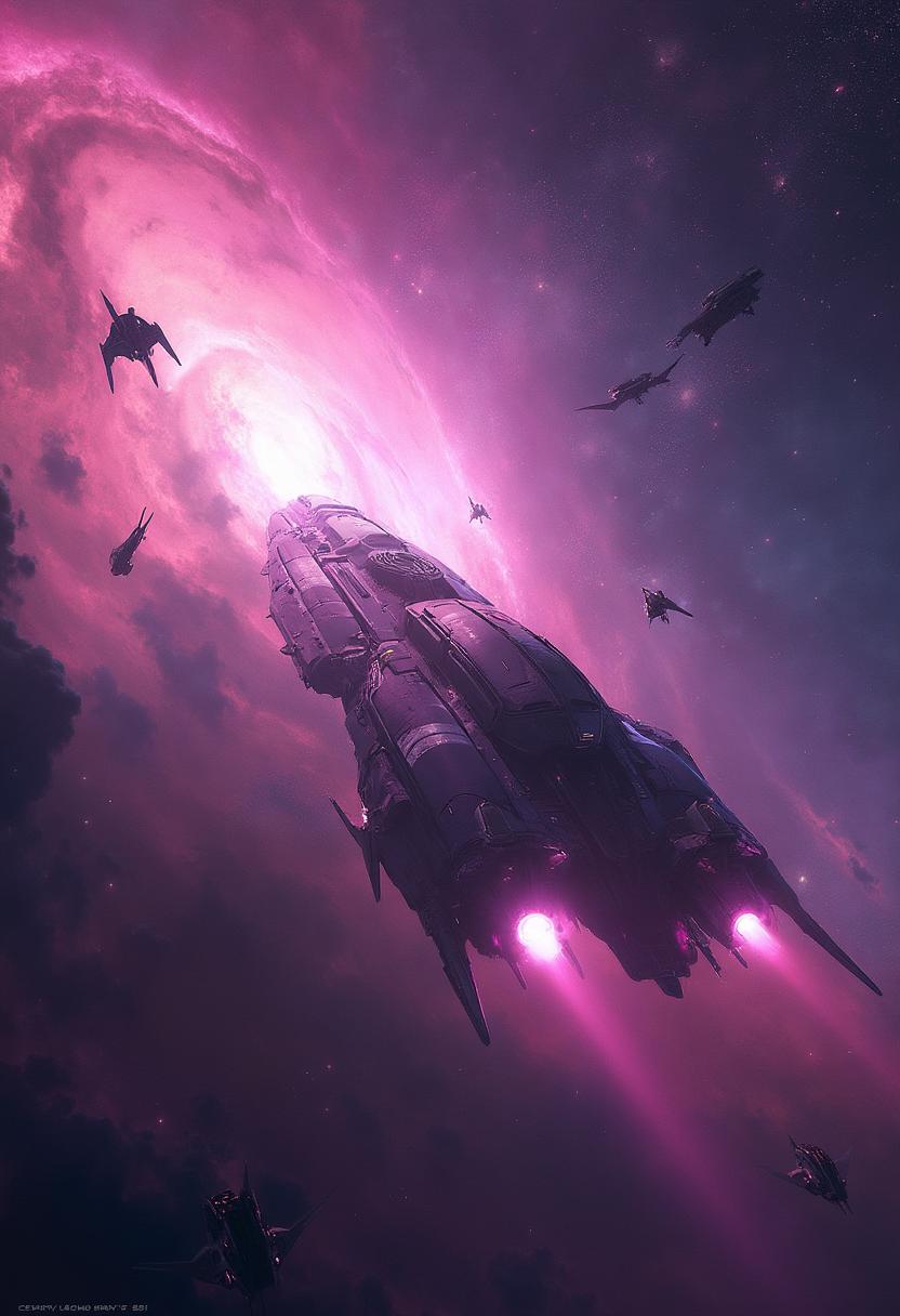An enormous futuristic alien spaceship glides gracefully through the cosmos, its sleek, metallic hull reflecting the vibrant hues of a gigantic nebula ahead. The nebula glows in mesmerizing shades of purple and pink, swirling with cosmic dust and dotted with shimmering stars that twinkle like glitter. The spaceship’s engines emit a soft, romantic glow, leaving a trail of faint, energy pulses in its wake. Surrounding the scene are smaller alien ships, some shaped like arrows or cupid wings, adding a playful Valentine’s Day theme. The background is a deep, star-filled void, with distant galaxies and nebulae adding to the sense of wonder and romance
