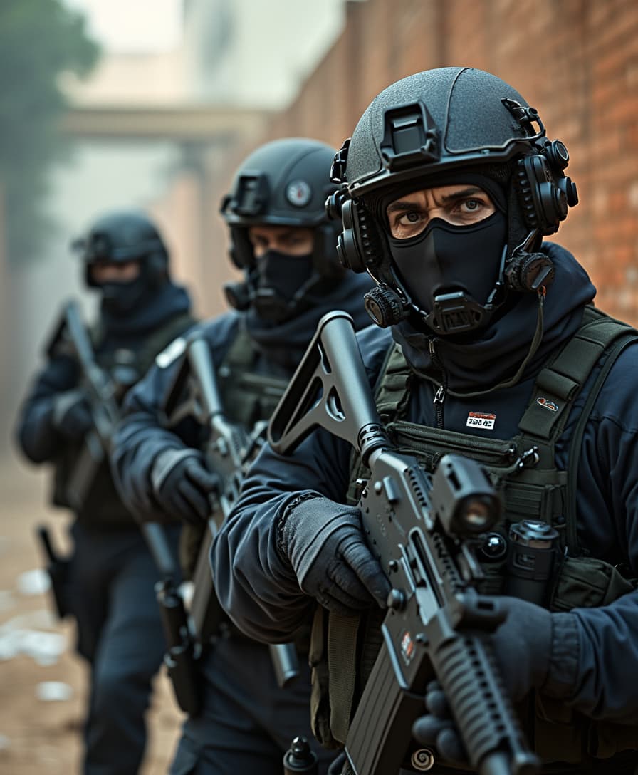 image of cia agents. background: in the image, a group of CIA agents are shown in the midst of an operation.  Although specific details of the operation are not clear, there are hints of a high-stakes mission, possibly involving counterterrorism, a high-profile arrest, or covert intelligence gathering.---This description aims to capture the essence of a high-intensity scene involving CIA agents actively engaged in their duty.