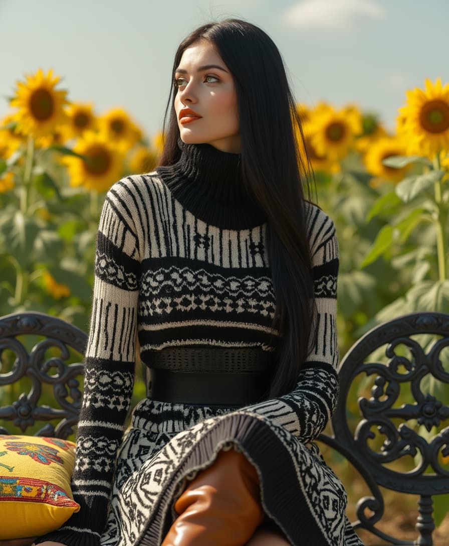You are an artistic fashion photographer. A photo intended for a museum. Take a picture of a beautiful model with soft skin (like sunlight filtering through the leaves), looking at a field of sunflowers. She sits in the center of the sunflower field on a long iron bench with Giacometti-style carvings. On the bench are ethnic yellow pillows. The model with green eyesYou are an artistic fashion photographer. A photo intended for a museum. Take a picture of a beautiful model, her skin glowing in a soft shade (like sunlight filtering through the leaves), looking at a field of sunflowers. She sits in the center of the sunflower field on a long iron bench with Giacometti-style carvings. On the bench are ethnic yellow pillows. The model with green eyes and long, smooth black hair that flows like liquid silk merges with nature in a magical way. . She stands in a vibrant, sunny field, sun rays warm the model's magical appearance and create a halo effect around her. Her outfit combines art and nature: she wears a dress with long sleeves and a thick, large turtleneck made of black and white knitwear. The dominant color is black with black patterns in an urban style. The knitting is striking and fashionable. She wears brown knee-high boots. Her expression is peaceful but inspired, her lips are painted with orange lipstick. Style: Authenti and long, smooth black hair that flows like liquid silk merges with nature in a magical way. . She stands in a vibrant, sunny field, sun rays warm the 