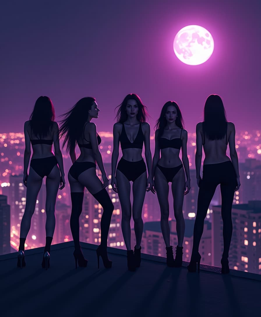 Here’s a visual concept for the lyrics you provided:

Imagine a high-energy, edgy nighttime scene. The sky is a deep, dark purple, tinged with the glowing light of the moon. On the city rooftops, a group of people, part of an exclusive, stylish entourage, stands in a bold, confident posture. The lights from the city below twinkle, and their faces are illuminated by a subtle, eerie moonlight. The girls in the group, dressed in avant-garde, sleek outfits, lean against the rooftop edges, their movements rhythmic and controlled as they dance or swing with grace and poise.

The vibe is a blend of mystery, power, and freedom, where the entourage seems untouchable, controlling the atmosphere. The figures, poised high above the streets, seem unbothered, almost like shadows or figures from another world, as they rule the night with a sense of unyielding strength. The air around them pulses with the thrill of rebellion and allure. You can almost feel the electricity in the air, and there’s an aura of secrecy, with the city below unaware of the true power held