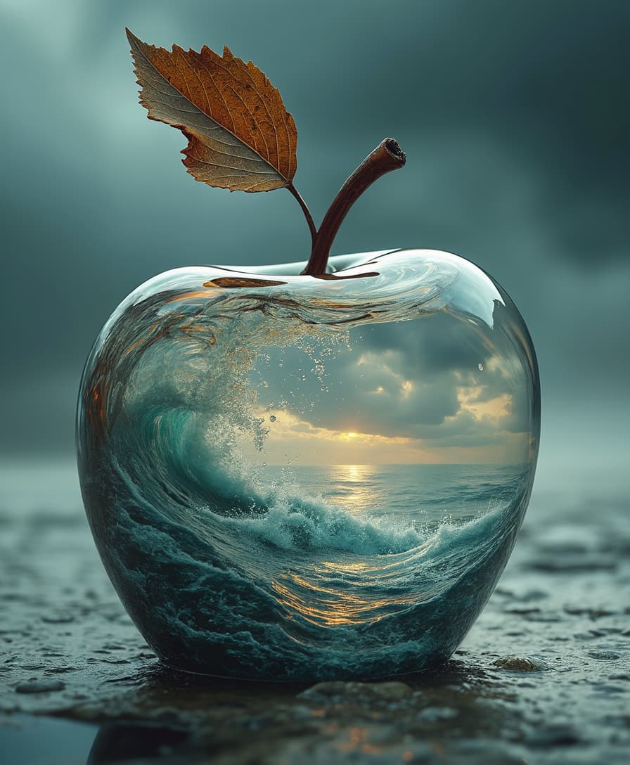 lovely double exposure image by blending together a stormy sea and a glass apple. The sea should serve as the underlying backdrop, with its details subtly incorporated into the glossy glass apple, sharp focus, double exposure, glossy glass apple, (translucent glass figure of an apple) (sea inside) lifeless, dead, glass apple, earthy colors, decadence, intricate design, hyper realistic, high definition, extremely detailed, dark softbox image, raytracing, cinematic, HDR, photorealistic (double exposure:1.1)