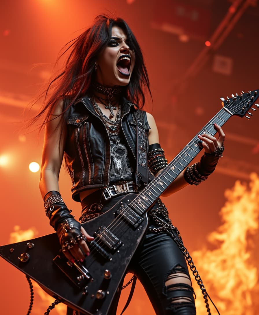Heavy metal, biker chick with chains and spikes, ferocious expression, powerful female rock star, black leather, dressed in black leather jacket and torn jeans, dark eyeliner and black lipstick, heavy music, fierce woman, standing tall, epic guitar solo, guitar on fire, woman solo electric guitar, female guitarist of metal, woman playing the guitar, electric guitar made of metal, flames on stage, female rocker playing a concert,