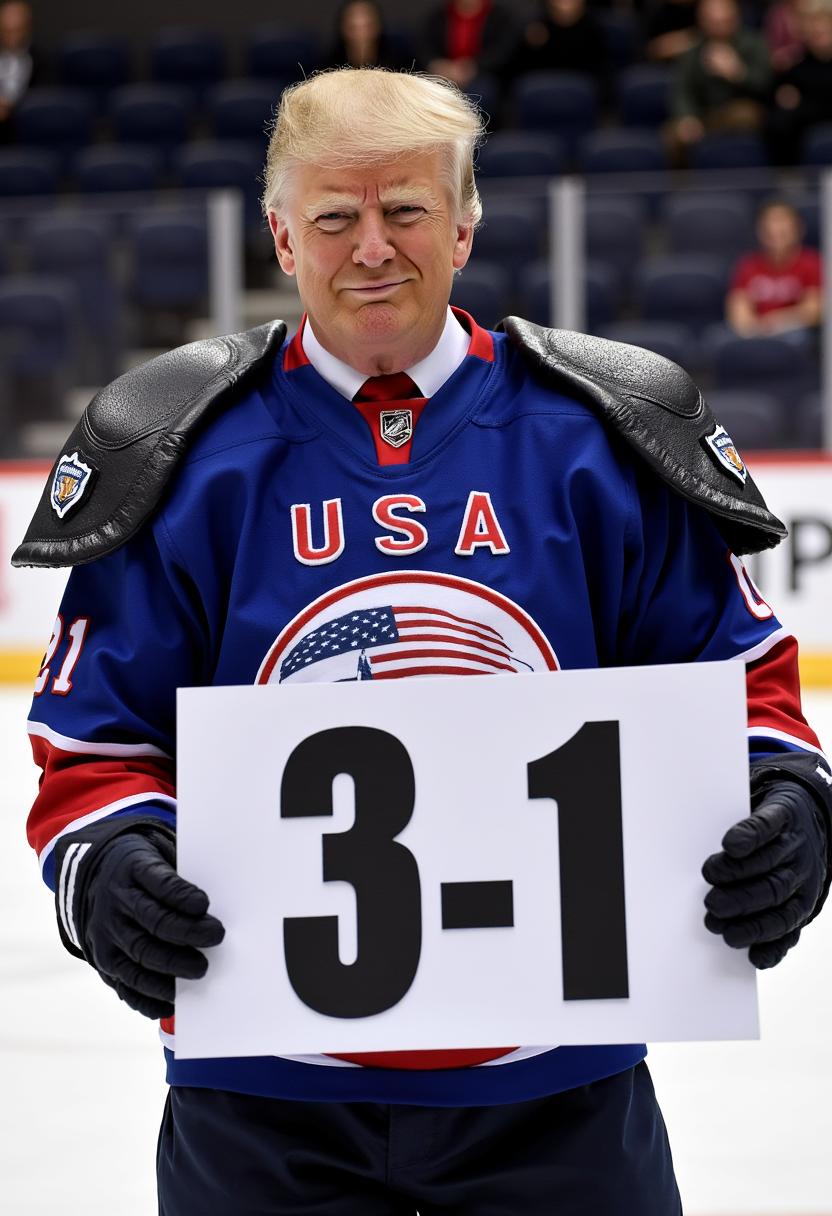 a photo of MAGA, create an image of a MAGA man wearing a Hockey uniform, with huge shoulder pads  with the "USA" logo blue hockey shirt, and holding a white sign that reads "3-1" in black letters 3d, background a hockey rink