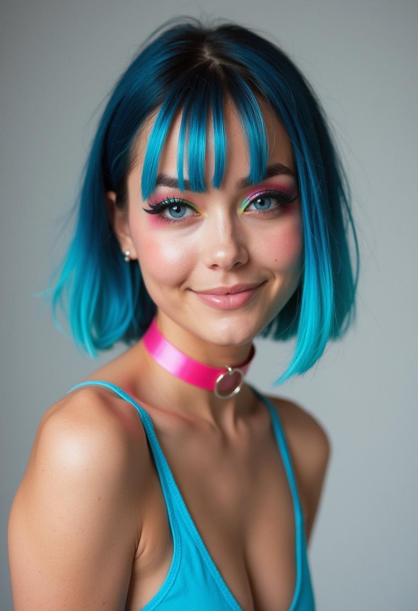 (realistic:1.4), (thin neck), ((blue theme)), small breast, cleavage, pink choker, girl, blue wig, genz_haircut, (bangs:1.1), side view, (detailed face and eyes:1.2), white background, perfect cute face, blushing, ((feminine)), goth makeup, dappled light, sexy cleavage, turning to look at viewer, vibrant colours, smiling wide, round face, ((glowing, streaks)), circles, evening, black background, dark eyeliner, thick thighs,