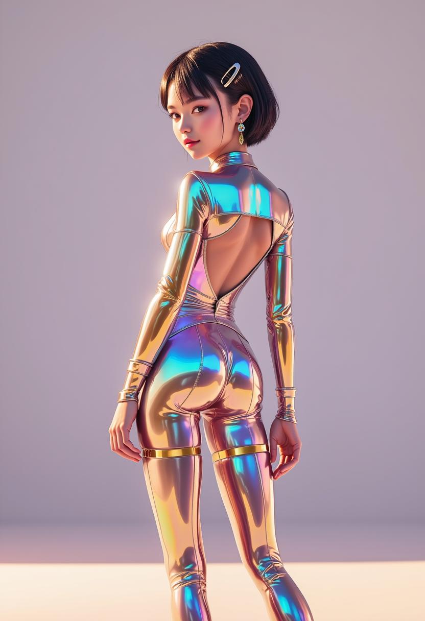 masterpiece, best quality, perfect anatomy, very aesthetic, ((outlined outlined vector graphics)),no norm,looking at viewer , cute face, (glow eyes:0.8), looking at viewer, glittering, glimmering, gold theme, back view , looking at viewer , looking at viewer , 1girl, 20yo, black hair, black eyes, short bob hair, hair pin,mdeium breast, slender,(white thigh strap:1.1), jewelry, earrings, parted lips, long sleeve , smile, wink, ,(clothed:1.4), body suit , metal liquid suit , standing