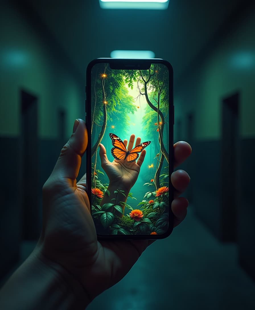 POV image of a man holding a phone with one hand and putting the other hand inside the phone, inside a very dark prison cell. the phone displays a lush jungle filled with vivid and colorful plants and trees, illuminating mystical light. vines and leaves come out of the phone and tangles with the man's hand, making the image magical and whimsical. fireflies surround the phone. a colorful butterfly landed on the man's hand inside the phone. the phone looks like a portal into the jungle. the room is empty and gloomy dark.
