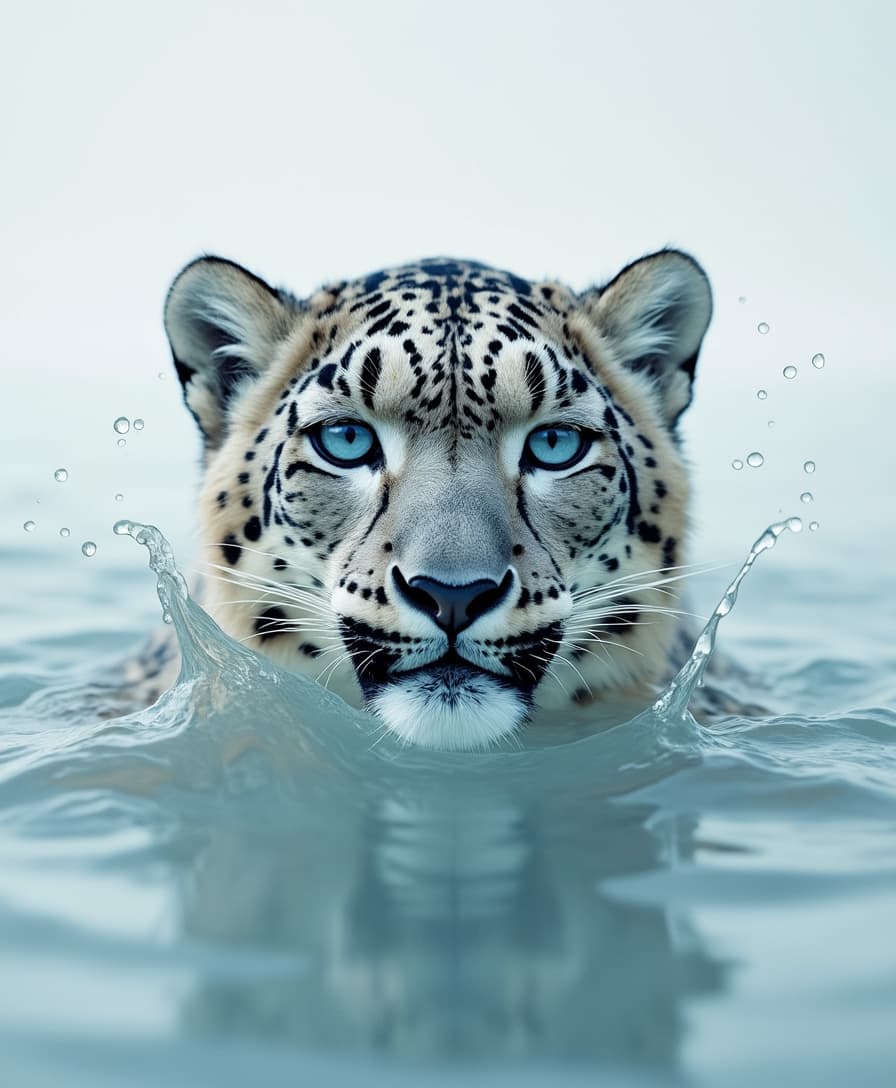 A majestic snow leopard with piercing icy blue eyes partially submerged in crystal-clear water, with only its head visible above the surface. The water gently ripples around its face, creating a soft splash effect. The leopard's fur is wet and slightly matted, glistening under a soft, bright light that creates a high-contrast, minimalist look. The background is clean and light, almost white, with a faint gradient to emphasize the serene, cold atmosphere