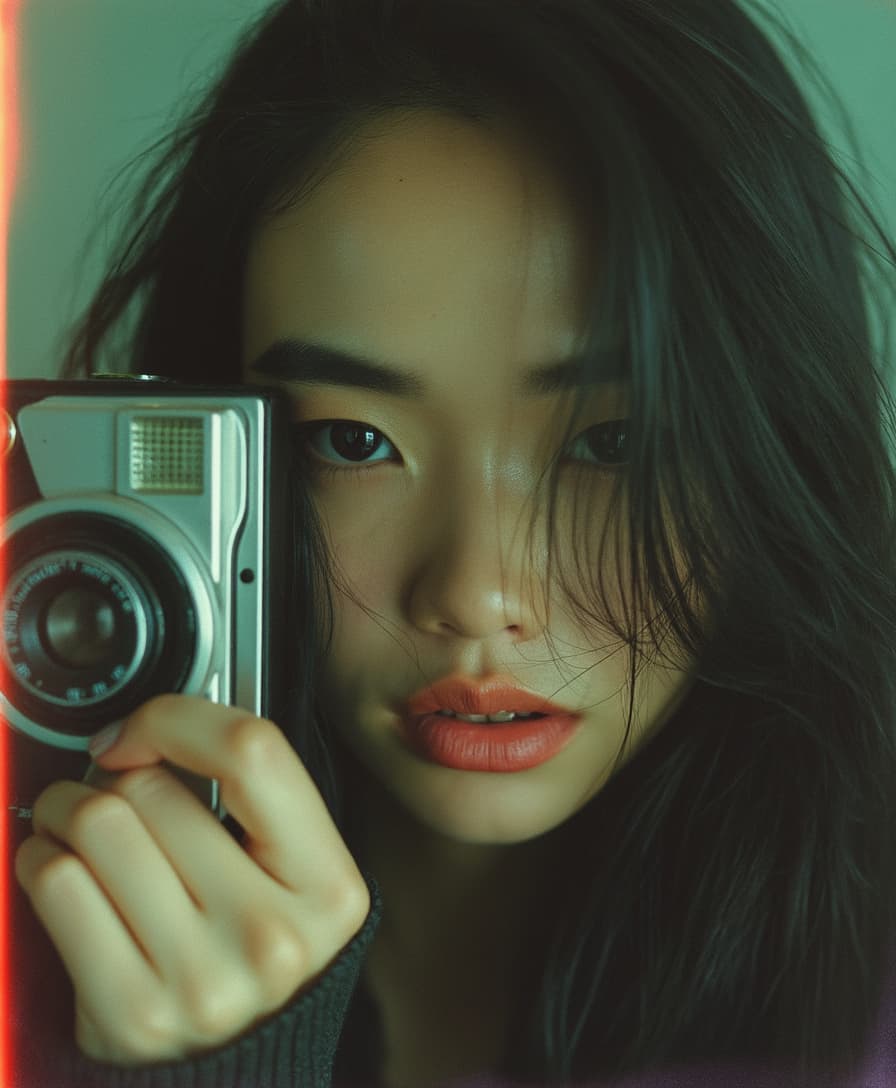 The image portrays a young woman with long, dark hair holding a vintage camera close to her face, partially obscuring one of her eyes. She gazes directly into the lens with an intense, thoughtful expression. The photograph has a distinct cinematic and nostalgic aesthetic, with soft lighting, a grainy texture, and subtle color grading that gives it a vintage, film-like quality.

Subject and Composition
The subject's face is positioned slightly off-center, drawing immediate attention to her sharp and expressive features. Her dark, well-defined eyebrows frame her deep-set eyes, which are slightly shadowed, adding to the introspective mood of the image. Her lips, which are slightly parted and tinted a natural red, contrast subtly with her smooth, pale skin. Strands of hair fall loosely across her face, reinforcing the unposed, organic nature of the portrait.

The camera she holds is an older model, silver and black with a rounded lens, possibly a vintage point-and-shoot film camera. Its reflective surface catches some light, making it a noticeable focal point. Her fingers gently rest on the camera's body, showcasing her relaxed grip, suggesting familiarity and comfort with the device. The camera partially obscures her left eye, creating an artistic and symbolic interplay between the act of capturing an image and being observed.

Lighting and Color Tone
The lighting in the image is soft and diffused, casting a gentle glow on the subject’s skin. There are no harsh shadows, which enhances the ethereal quality of the portrait. The overall color palette consists of muted greens, blues, and sepia tones, adding to the vintage ambiance. A slight light leak effect, visible on the left edge, introduces warm, reddish-orange hues, reinforcing the analog film aesthetic.

Depth and Focus
The background is blurred, placing the emphasis entirely on the woman and her camera. This shallow depth of field isolates the subject, directing attention to the details of her face and the textures of the camera. The soft blur of the background suggests an indoor or dimly lit setting, though specific environmental details are indistinct.

Mood and Interpretation
The image exudes a sense of quiet introspection and nostalgia. The subject’s expression is serious yet calm, with an enigmatic quality that invites viewers to interpret her emotions. The presence of the vintage camera further reinforces themes of memory, storytelling, and the passage of time. It suggests a personal connection to photography, hinting at themes of capturing fleeting moments or looking at the world through a different lens.

The film-like grain and light leaks contribute to the dreamlike atmosphere, making the image feel like a memory frozen in time. The muted tones evoke a feeling of solitude, while the subject’s direct gaze creates an intimate connection with the viewer.

Overall Impression
This photograph is a striking blend of portraiture and artistic storytelling. The careful composition, soft lighting, and vintage color grading work together to create an image that feels timeless and emotionally resonant. It is an evocative representation of personal reflection, the art of photography, and the beauty of capturing a moment that feels both contemporary and nostalgic.