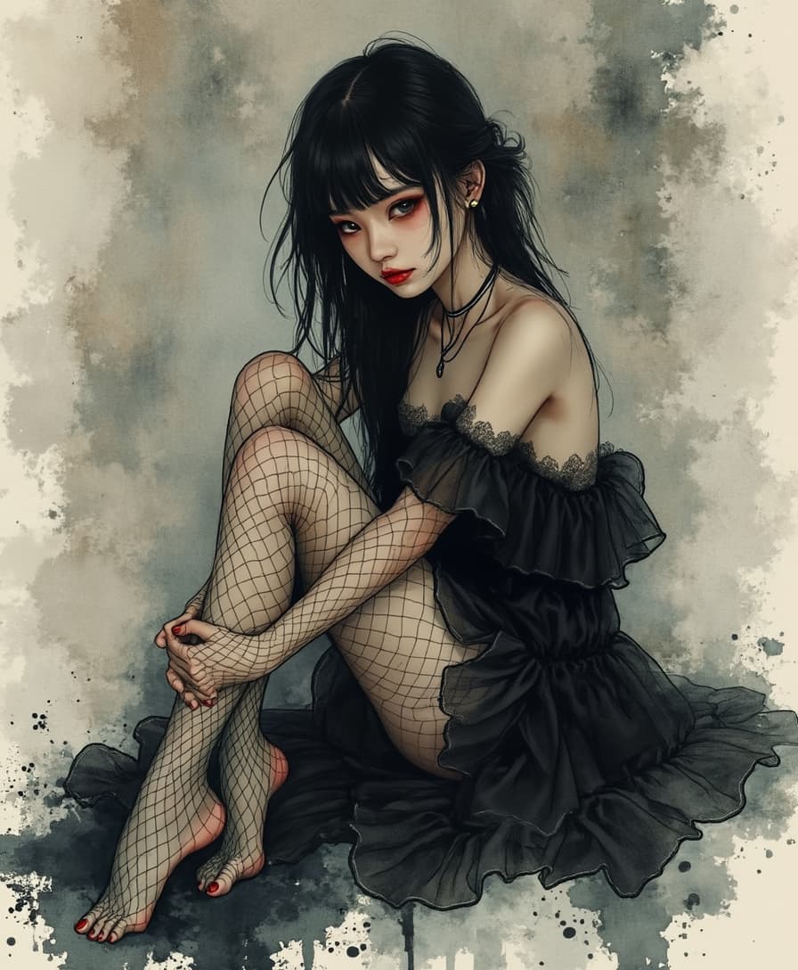 ckbwaw, a digital artwork in the style of ckbwaw, This is a digital artwork created in a mixed media style, blending elements of watercolor and ink, with rich tones and textures.  A Japanese young woman with long hair, bangs, sidelocks sits poised in an intimate setting, her gaze intense beneath the smoky haze of dark eyeshadow. Her deep red lips are striking, accentuating the enigmatic aura she exudes. She wears a ruffled black filmy lace dress that appears almost ghostly against the textured watercolor background. The intricate fishnet stockings add an element of structured geometry, subtly juxtaposing the fluid softness of the dress. The color palette is a blend of deep blacks, crimson accents, and muted gray washes, giving the piece a gothic yet elegant aesthetic. Ink splatters and expressive brushstrokes create movement, as if the figure is dissolving into the very art that forms her.