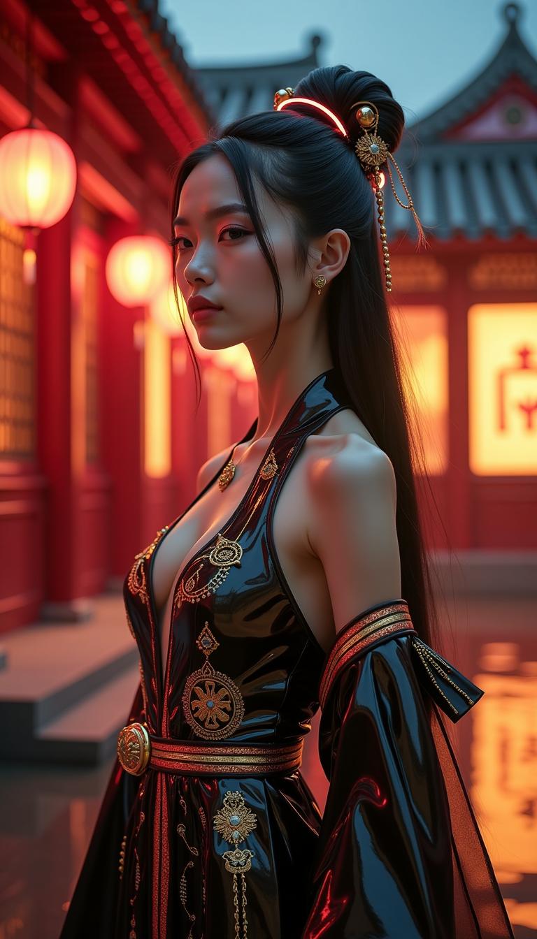 A stunning photorealistic portrait of a young East Asian woman in a fusion of traditional and futuristic fashion, standing in a serene courtyard at night. She wears a sleek, form-fitting hanfu-inspired gown made of glossy black and gold latex, with intricate cyberpunk-inspired embroidery glowing faintly. The deep neckline elegantly reveals her collarbone and cleavage, blending elegance with sensuality. The flowing latex sleeves shimmer under neon and lantern light, while a structured, high-tech obi belt with metallic accents cinches her waist.  
Her long, black hair is styled in an elaborate updo adorned with futuristic golden hairpieces and glowing red ornaments. Her deep, captivating eyes and her detailed skin  reflect the ambient neon and lantern lights. The traditional Chinese courtyard setting is transformed with cyberpunk elements—glowing lanterns now infused with neon hues, digital calligraphy on wooden pillars, and a soft mist rising from the ground. The background features red lacquered buildings with soft holographic projections blending with ancient architecture.  
The scene is illuminated by a mix of moody, cinematic lighting—red and gold lanterns casting warm shadows, while subtle neon glows create a striking contrast. The image is captured in **Annie Leibovitz’s** signature dramatic portrait style, with ultra-high detail, 8K resolution, lifelike textures, and a perfect balance of softness and sharp contrast.