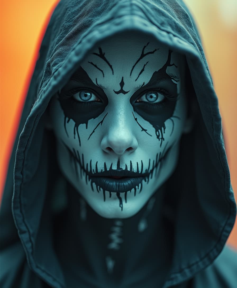 nistyle, extreme pointed hood Closeup, a dark ethereal ghosts black hood, Killing Gaze smile, eerie, eyes Shrouded in darkness,White chin-tattoo with bleached vibrant colorful neon color Highlights, grey, and white color grading. Translucent orange Backdrop with Glitch effects in another contrast application