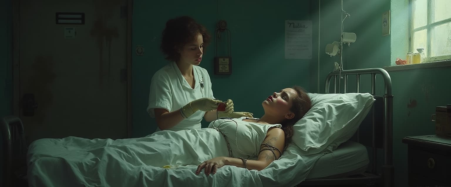 inside a 1950s mental hospital,a woman is strapped down to a hospital bed, she looks dirty and uncomfortable,a female nurse is giving a injection, the room is dark and damp ,a little bit of light is coming through from a little window oil painting