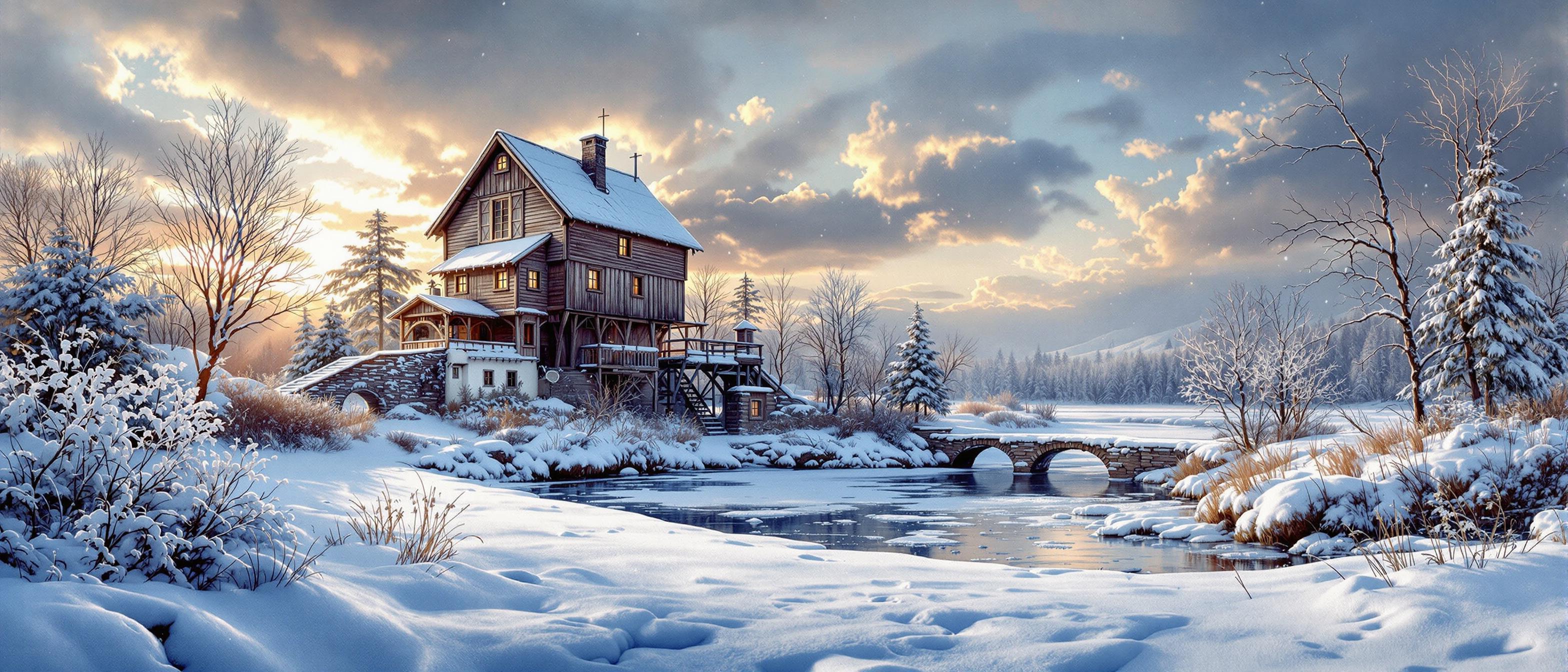 Oil on Canvas in pastose style. A picturesque wooden watermill stands on the bank of a frozen stream in a snowy landscape. The sun tries to break through thick clouds and casts long shadows. In the foreground is a thick blanket of snow. Stunning Josephine Wall, Sarah Kay style. 4K.