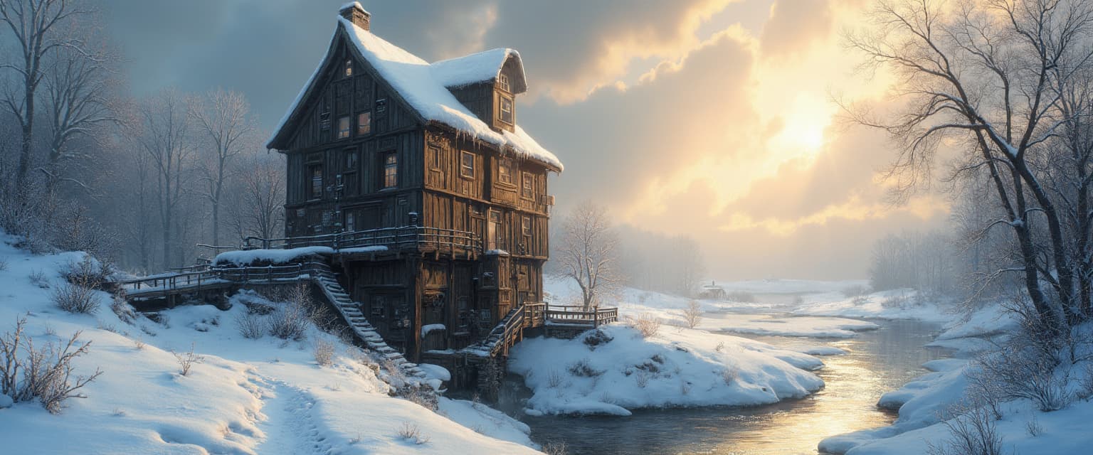 Oil on Canvas in pastose style. A picturesque wooden watermill stands on the bank of a frozen stream in a snowy landscape. The sun tries to break through thick clouds and casts long shadows. In the foreground is a thick blanket of snow. Stunning Josephine Wall, Sarah Kay style. 4K.