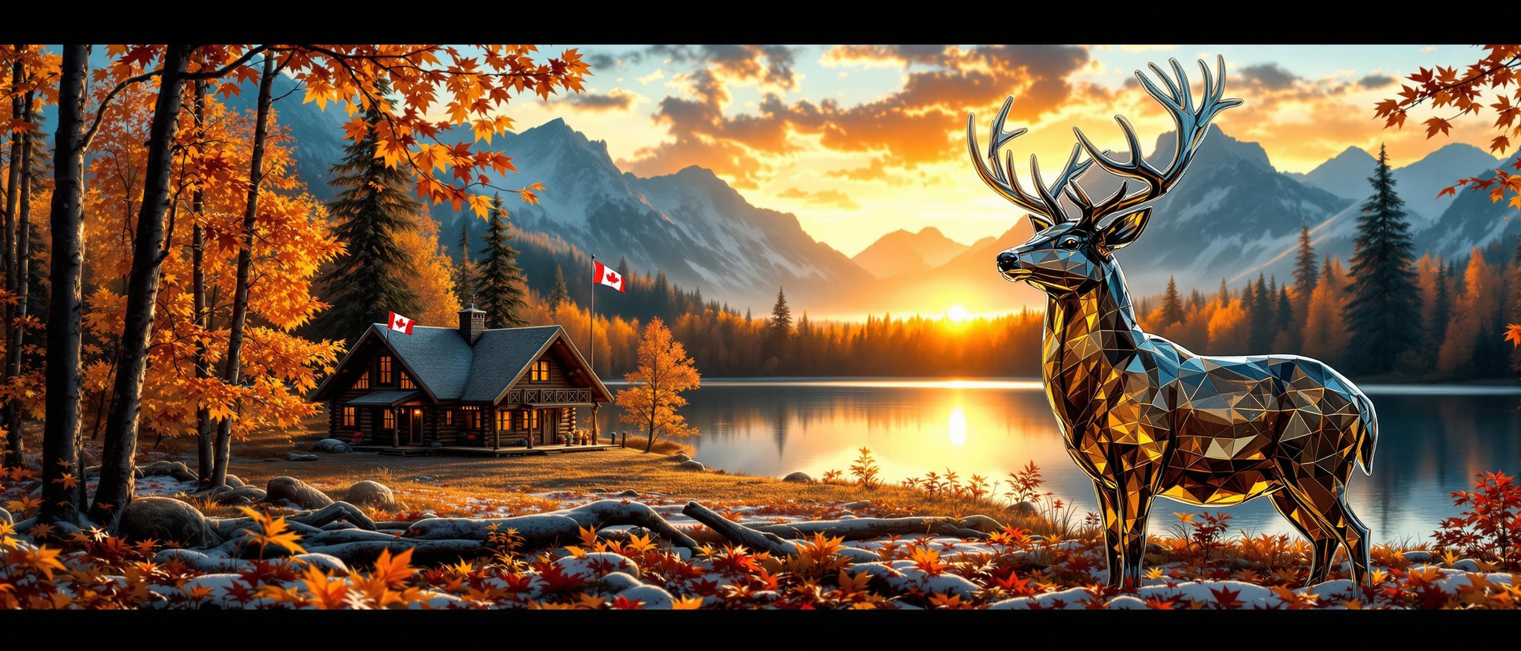 A detailed glass decoration of a deer, with a magnificent autumn landscape. The scene outside the decoration shows a cozy log cabin beside a serene lake surrounded by autumn maple trees with its falling leaves. A Canadian flag flies over the chalet. The sun sets behind the forest, casting a golden glow over the landscape. The glass decoration itself reflects ambient light.