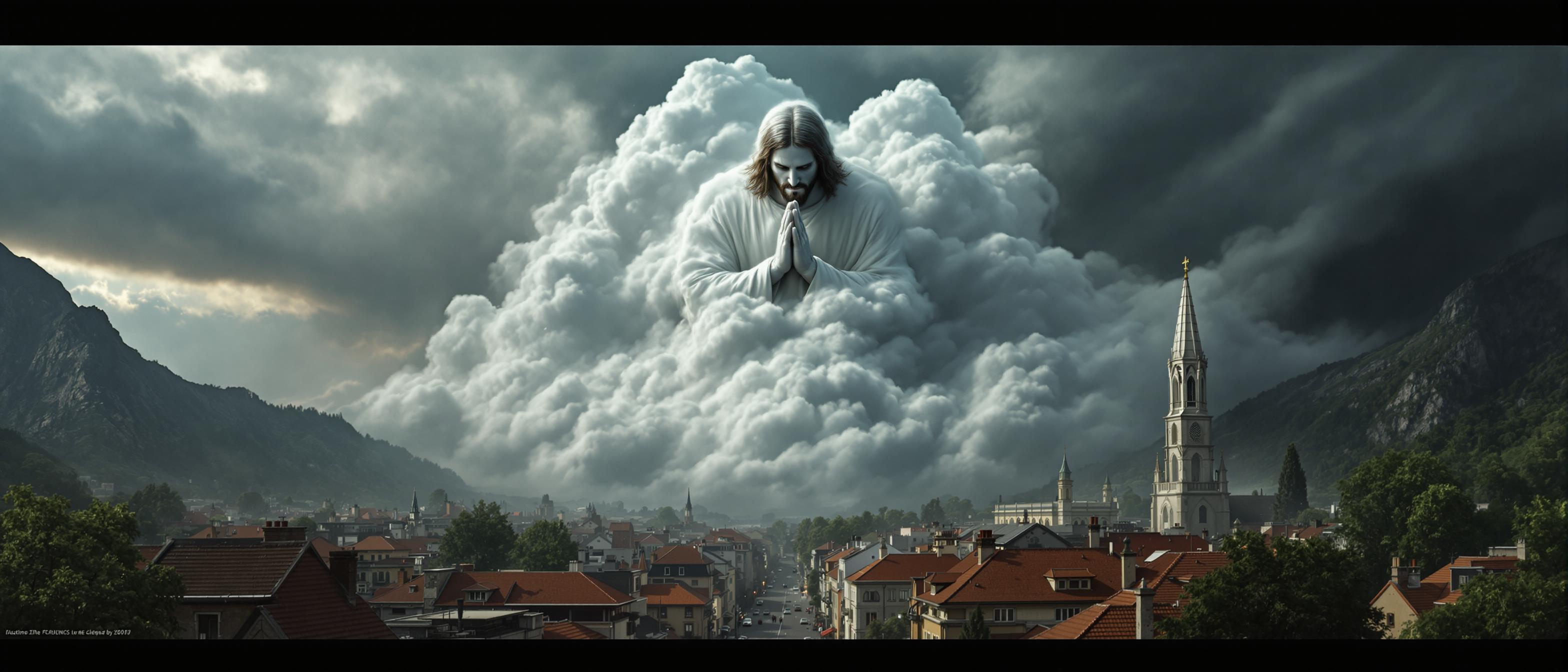 A highly detailed and precise recreation of an image featuring a massive, jesus praying figure with large, made of pure white clouds Jesus features, kneeling over a city with red-roofed buildings and a prominent church spire. The figure appears to be emerging from a stormy sky, creating a dramatic and apocalyptic atmosphere. The scene is set in a mountainous landscape, with the city streets and buildings detailed below. Cinematic photography. Textured.